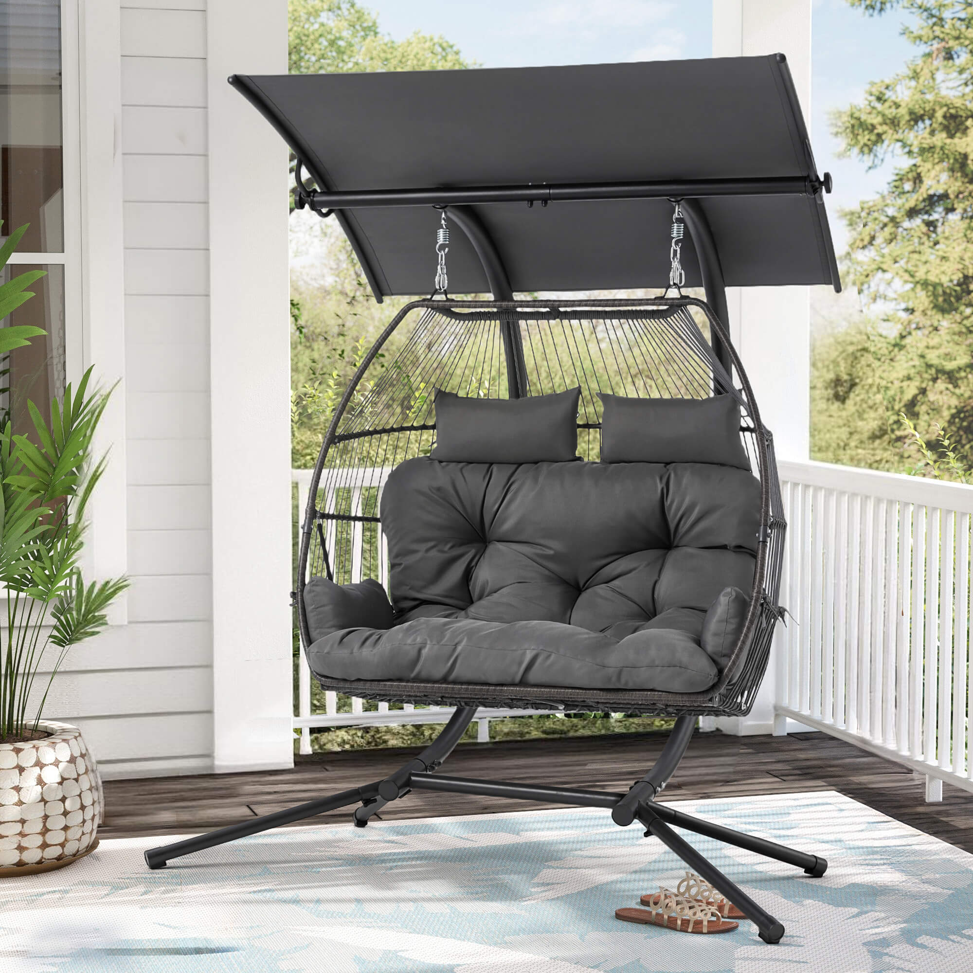 HOMREST Double Hanging Egg Chair with Stand, Wicker Loveseat Swing, Gray