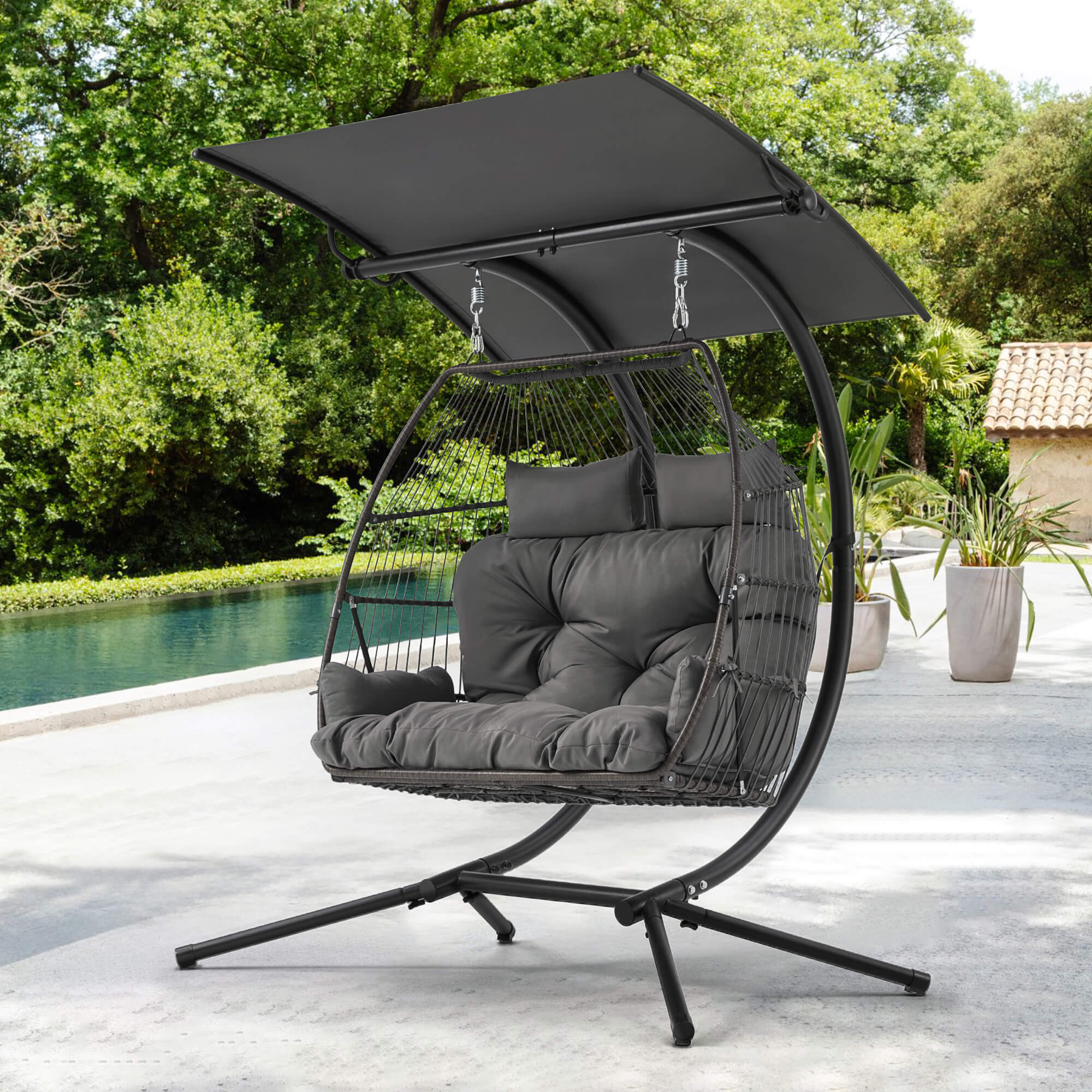 HOMREST Double Hanging Egg Chair with Stand, Wicker Loveseat Swing, Gray