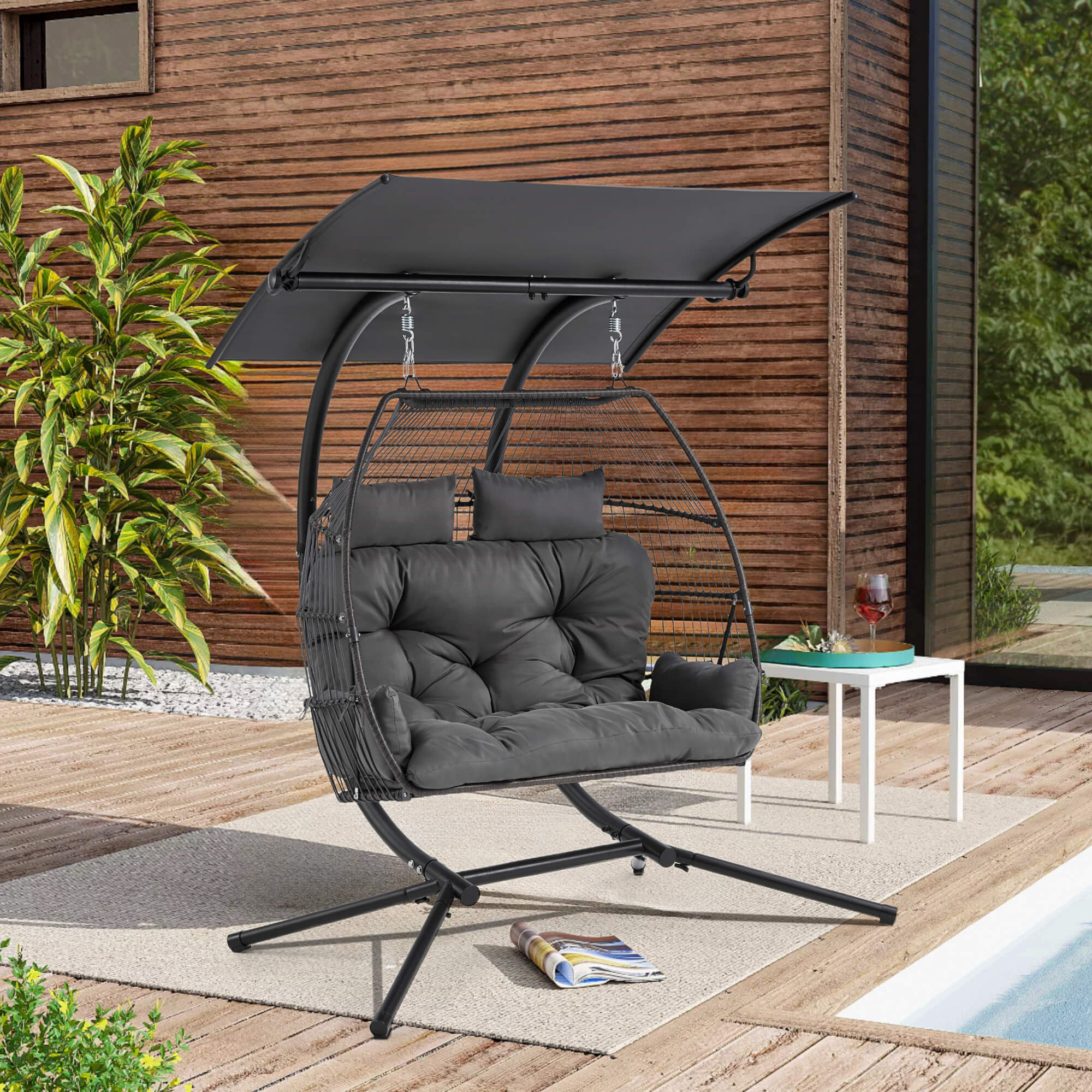 HOMREST Double Hanging Egg Chair with Stand, Wicker Loveseat Swing, Gray