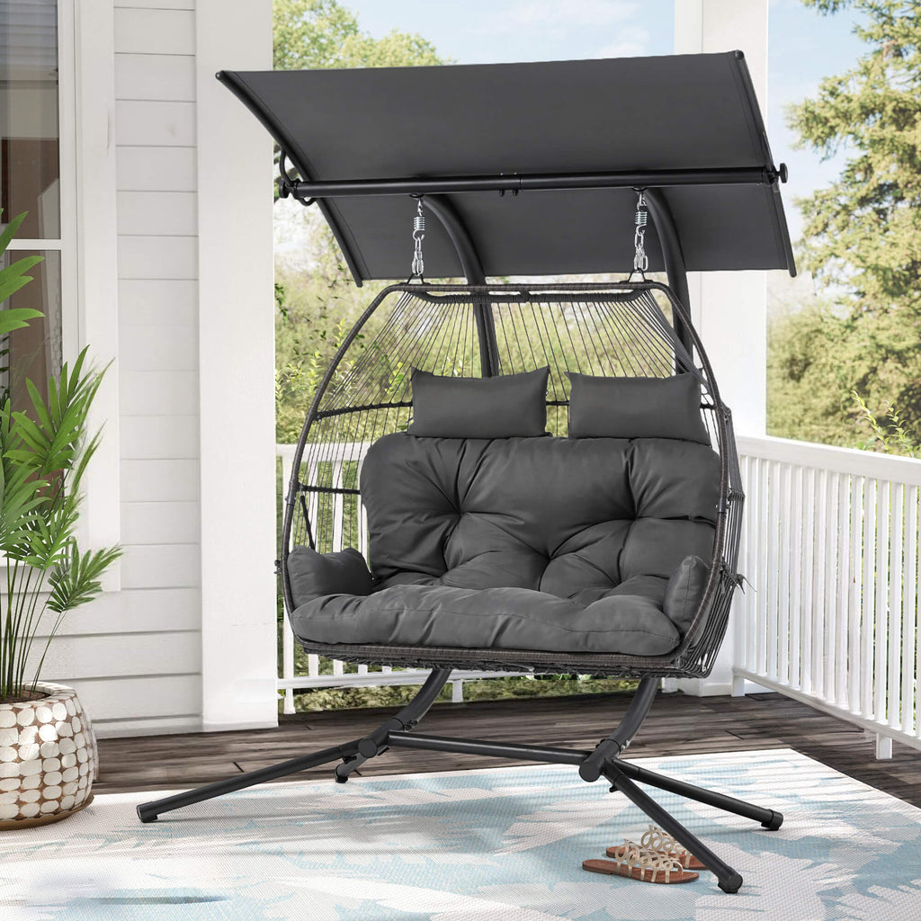 HOMREST Double Hanging Egg Chair with Stand, Wicker Loveseat Swing, Gray