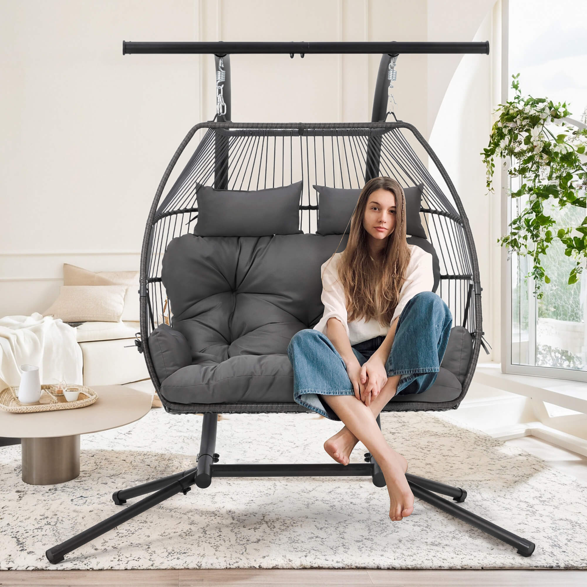 HOMREST Double Hanging Egg Chair with Stand, Wicker Loveseat Swing, Gray