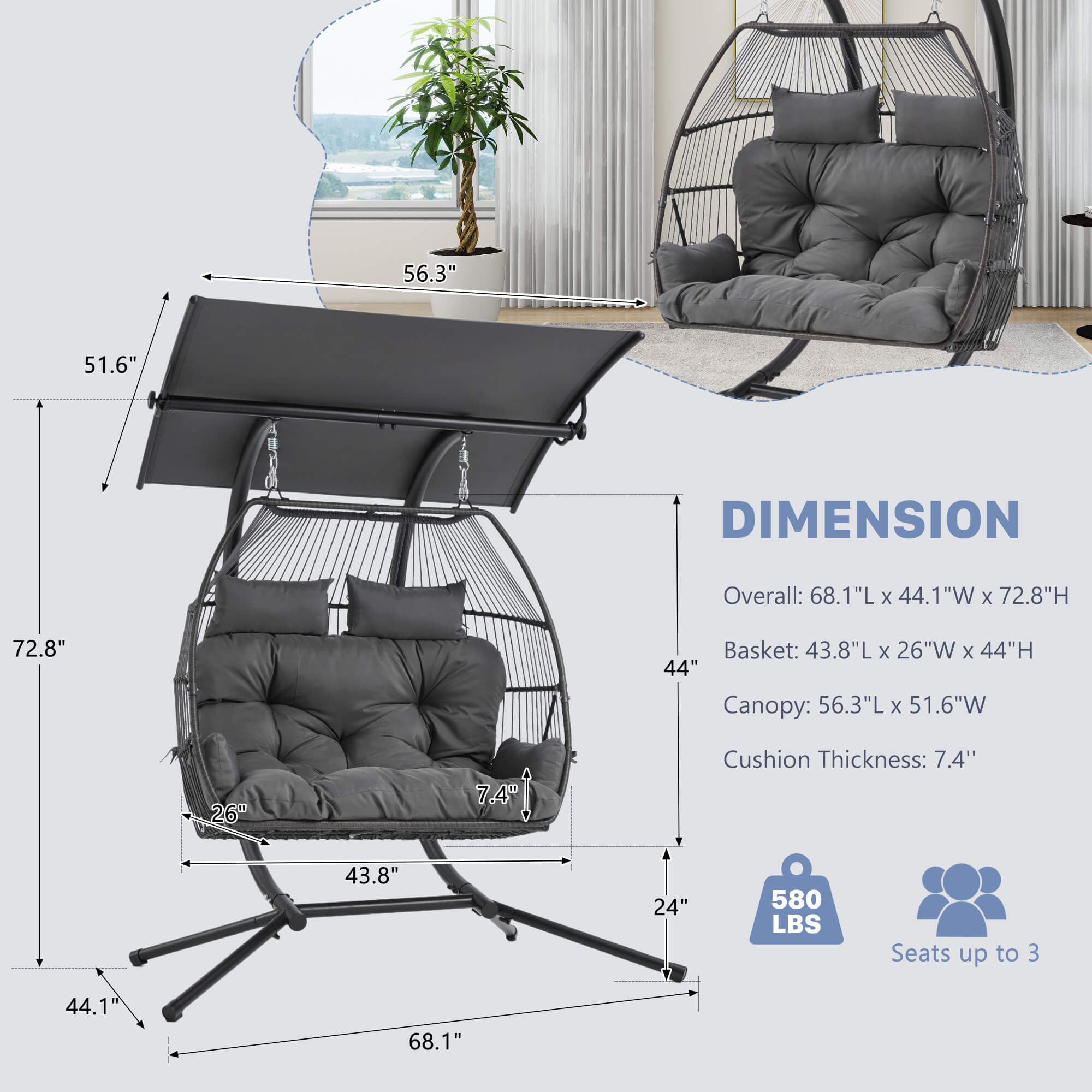 HOMREST Double Hanging Egg Chair with Stand, Wicker Loveseat Swing, Gray