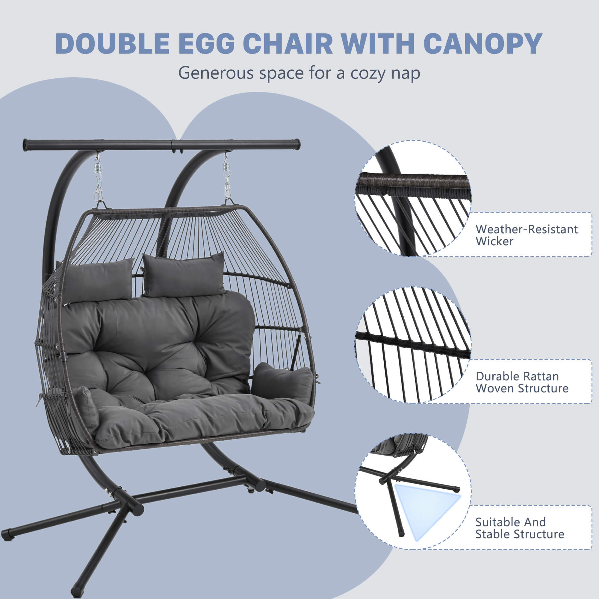HOMREST Double Hanging Egg Chair with Stand, Wicker Loveseat Swing, Gray