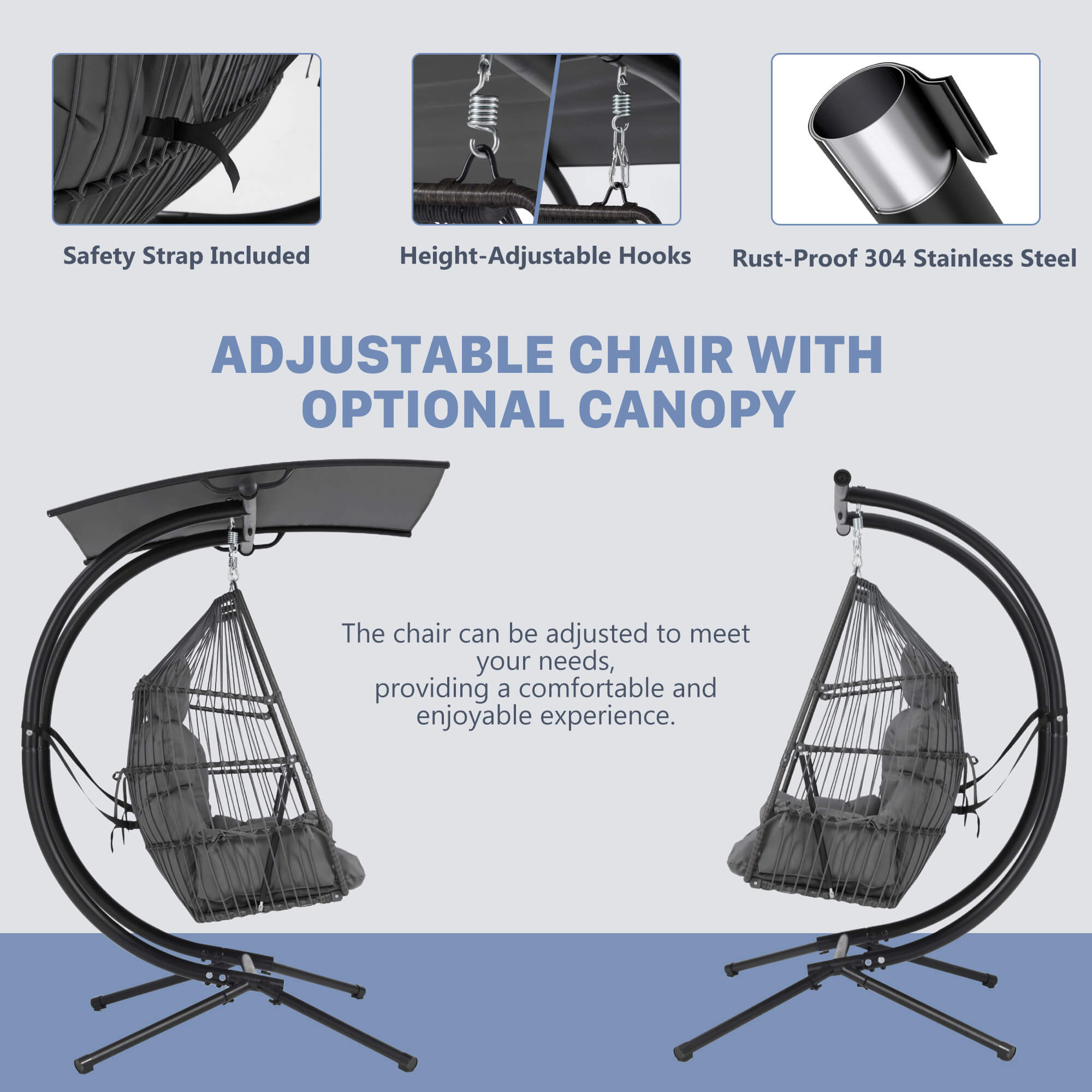 HOMREST Double Hanging Egg Chair with Stand, Wicker Loveseat Swing, Gray
