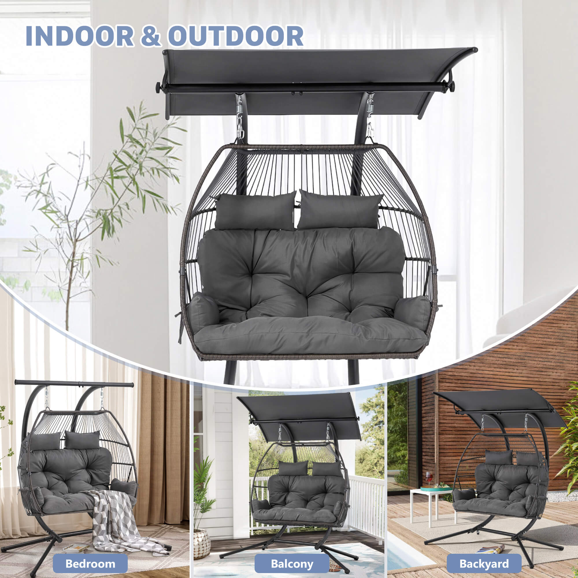 HOMREST Double Hanging Egg Chair with Stand, Wicker Loveseat Swing, Gray