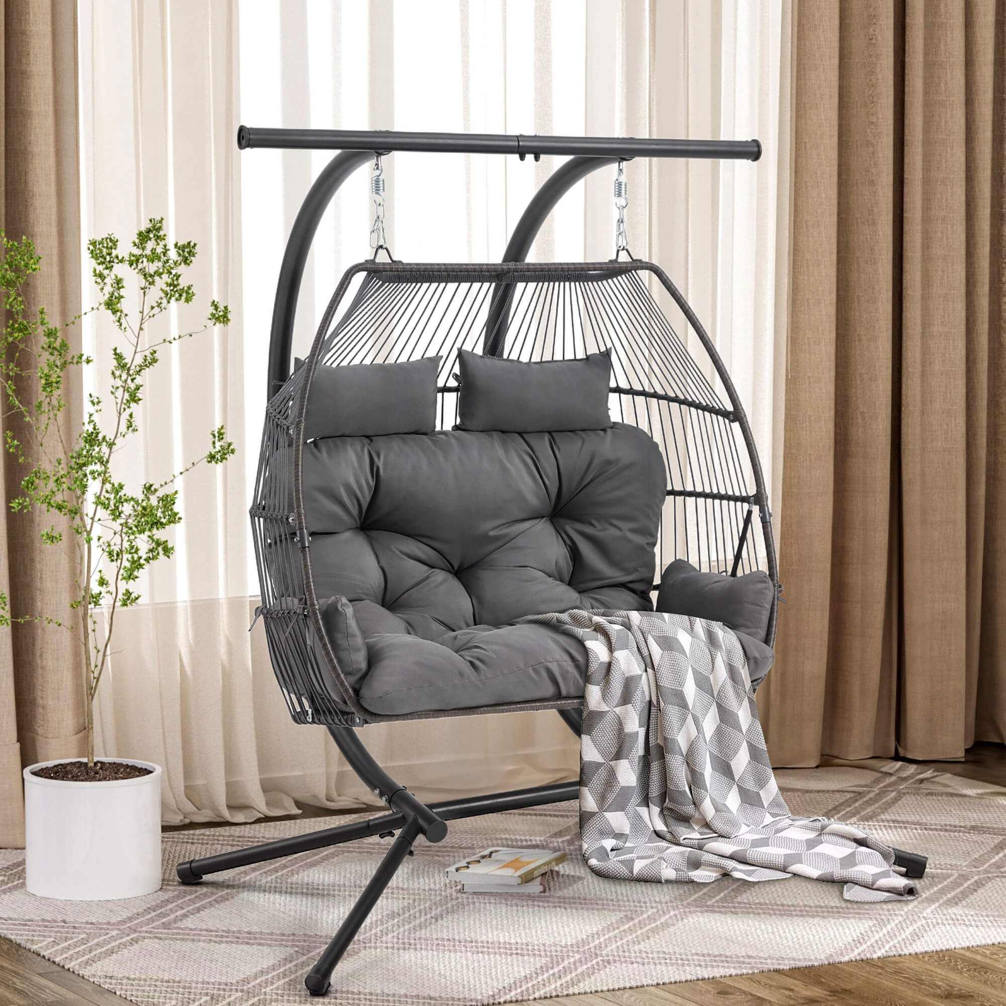 HOMREST Double Hanging Egg Chair with Stand, Wicker Loveseat Swing, Gray