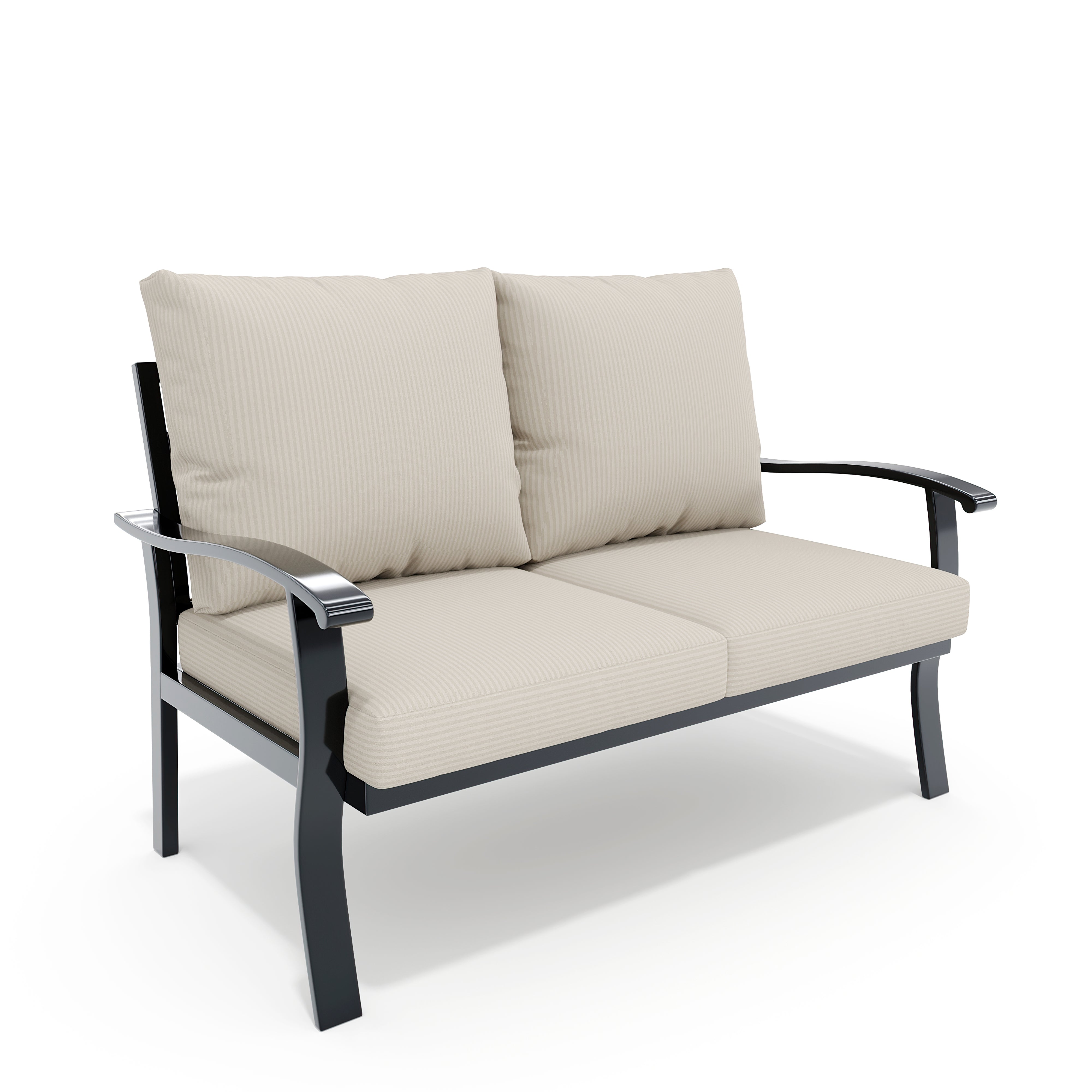 Two-seater outdoor sofa with beige cushions on a white background