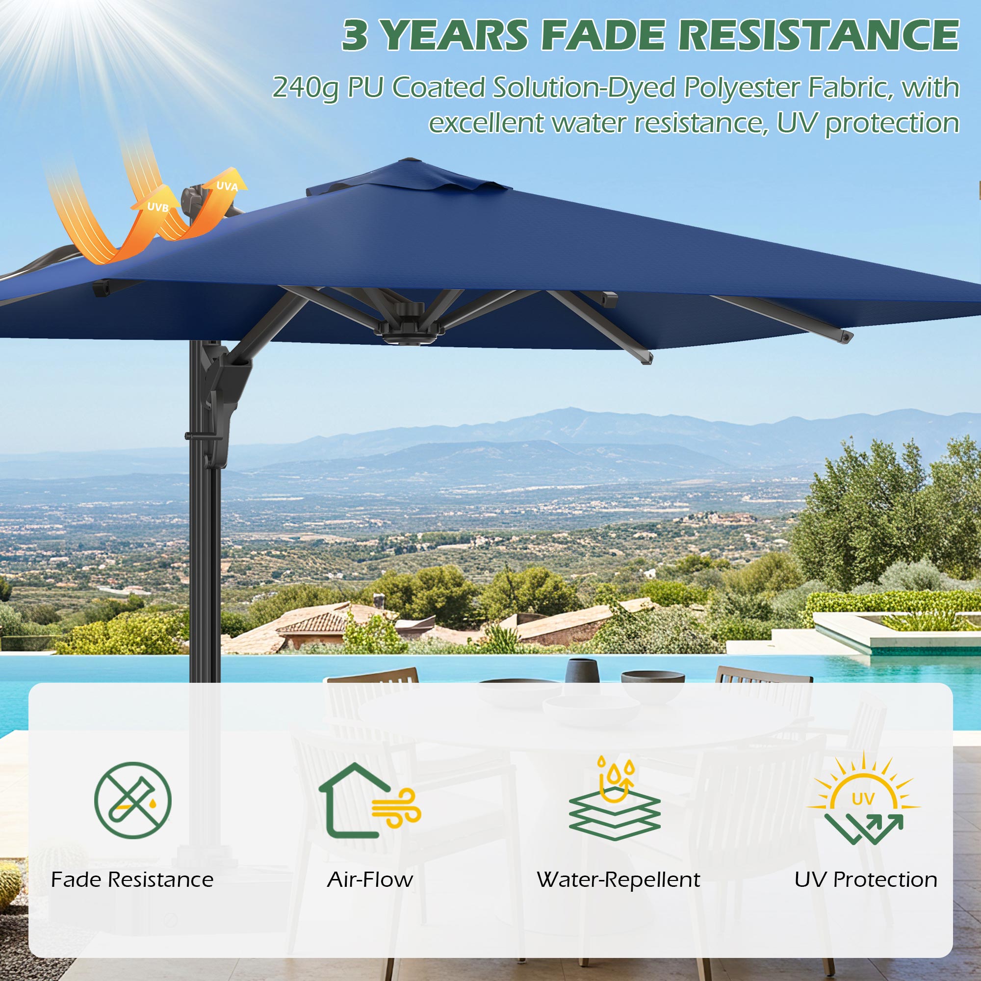 HOMREST 10x10ft Large Rectangular Cantilever Umbrella with 360° Rotation & 6 Adjustable Heights, Navy (Base Excluded)