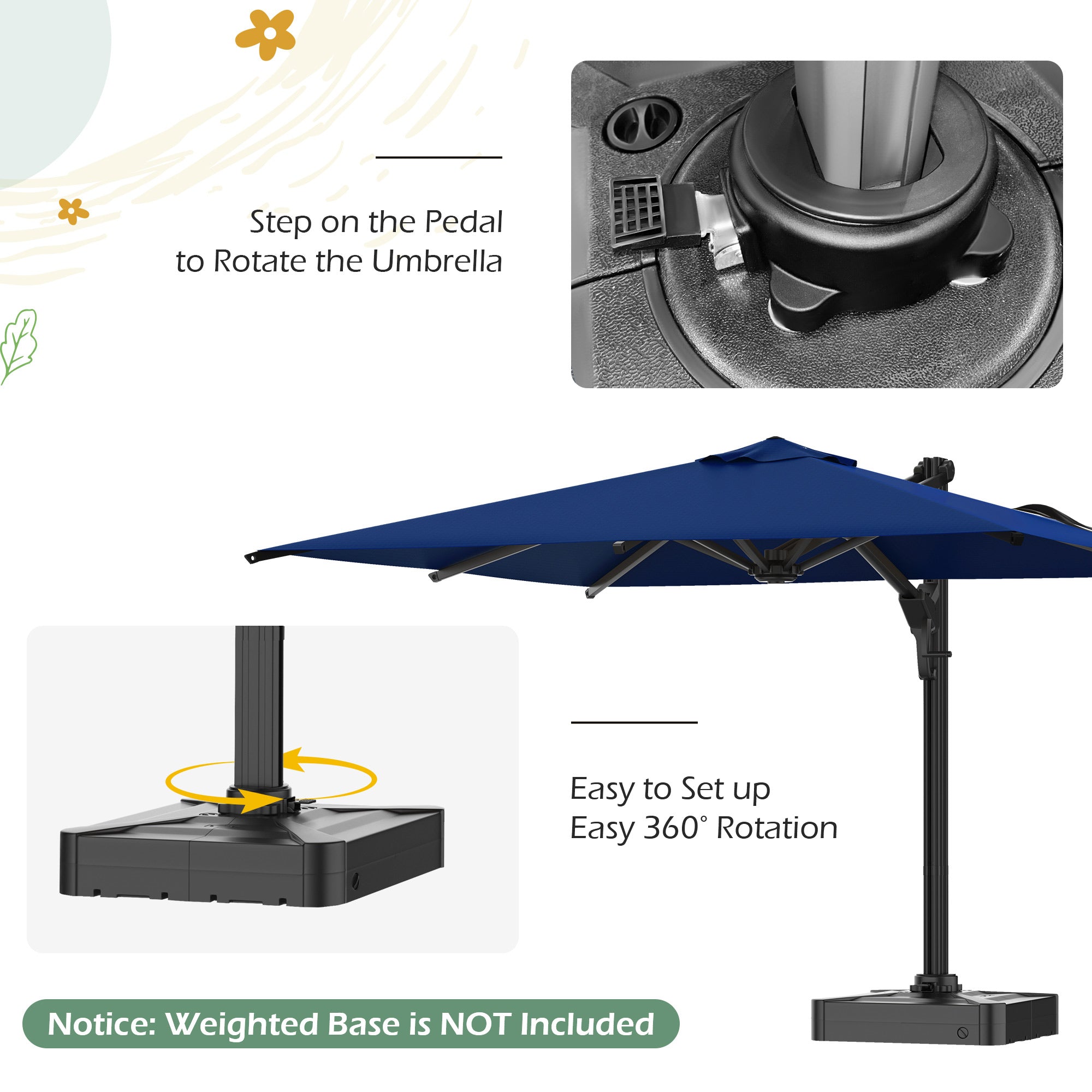 HOMREST 10x10ft Large Rectangular Cantilever Umbrella with 360° Rotation & 6 Adjustable Heights, Navy (Base Excluded)