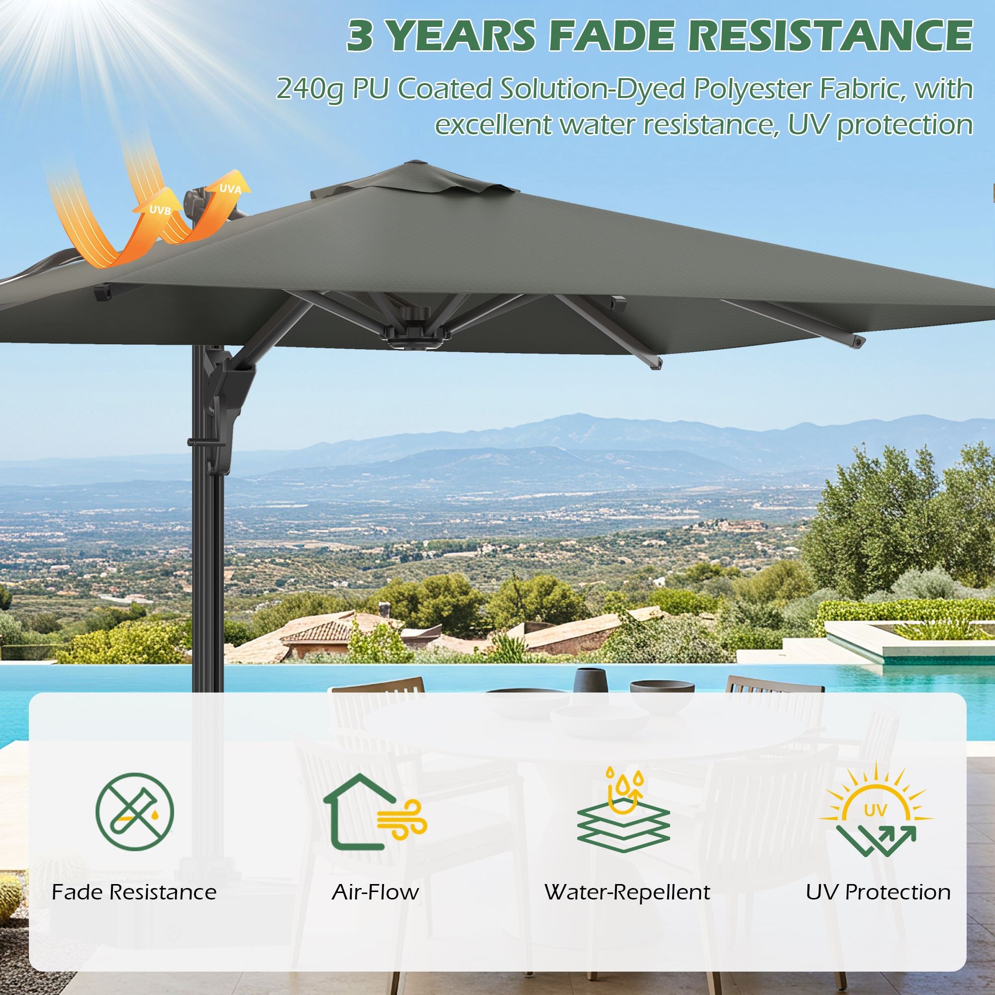 HOMREST 10x10ft Large Rectangular Cantilever Umbrella with 360° Rotation & 6 Adjustable Heights, Gray (Base Excluded)