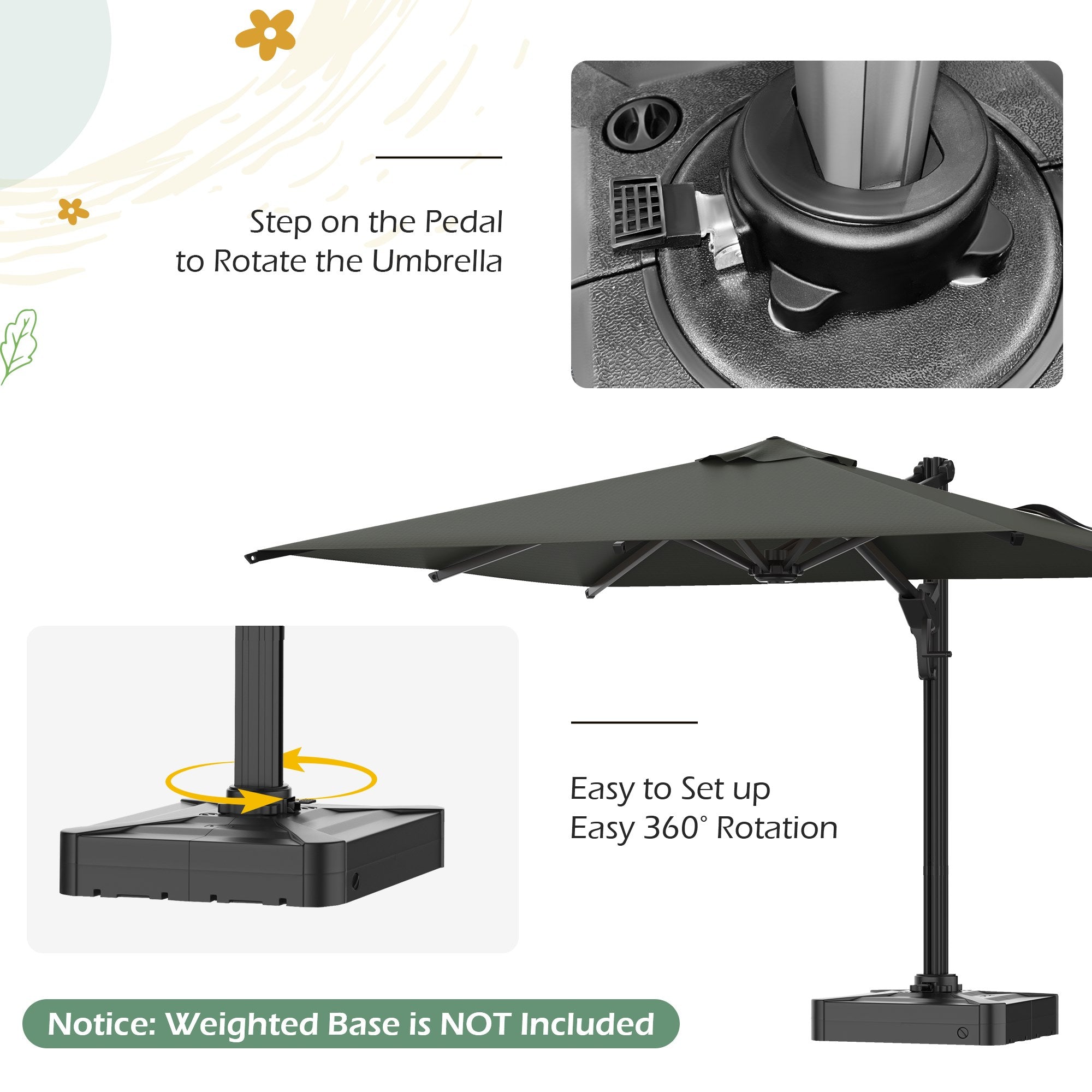 HOMREST 10x10ft Large Rectangular Cantilever Umbrella with 360° Rotation & 6 Adjustable Heights, Gray (Base Excluded)