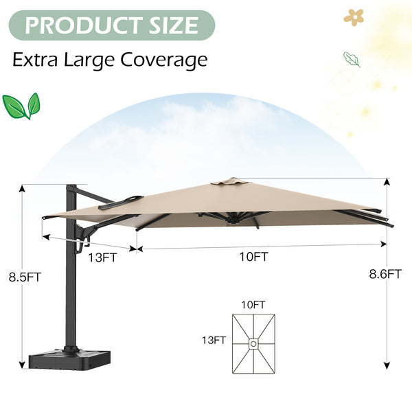 HOMREST 10x13ft Large Rectangular Cantilever Umbrella with 360° Rotation & 6 Adjustable Heights, Outdoor Patio Umbrella for Garden, Pool, Deck, Beige (Base Excluded)
