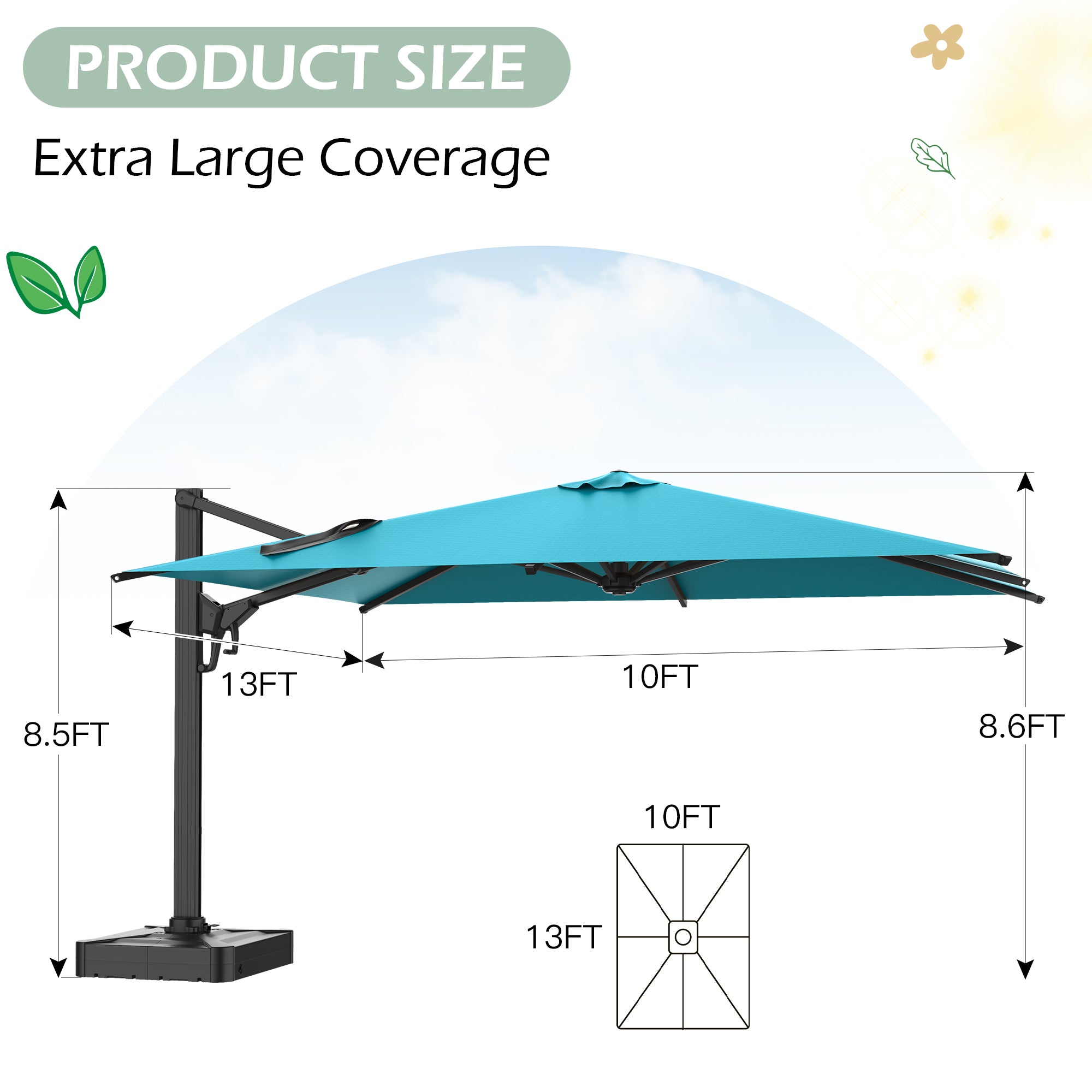HOMREST 10x13ft Large Rectangular Cantilever Umbrella with 360° Rotation & 6 Adjustable Heights, Outdoor Patio Umbrella for Garden, Pool, Deck, Blue (Base Excluded)