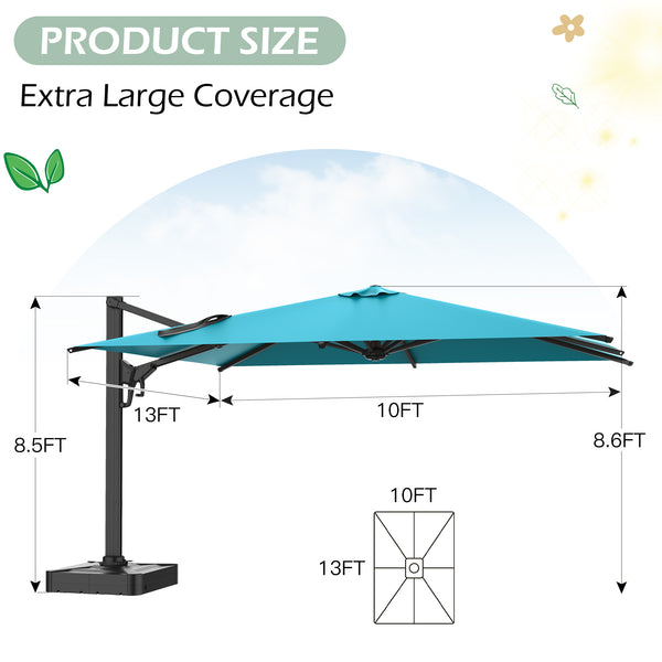 HOMREST 10x13ft Large Rectangular Cantilever Umbrella with 360° Rotation & 6 Adjustable Heights, Outdoor Patio Umbrella for Garden, Pool, Deck, Blue (Base Excluded)
