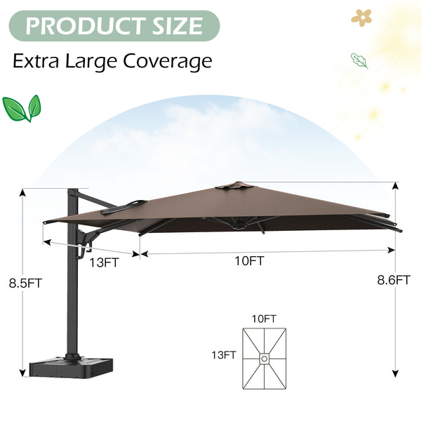 HOMREST 10x13ft Large Rectangular Cantilever Umbrella with 360° Rotation & 6 Adjustable Heights, Outdoor Patio Umbrella for Garden, Pool, Deck, Brown (Base Excluded)