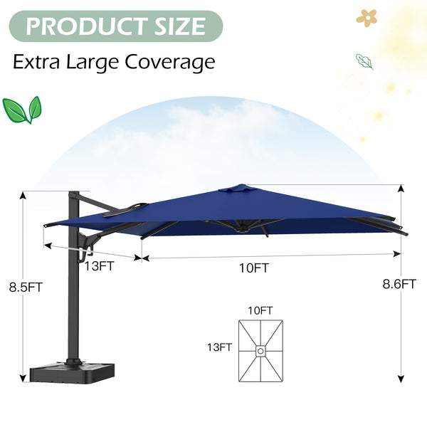 HOMREST 10x13ft Large Rectangular Cantilever Umbrella with 360° Rotation & 6 Adjustable Heights, Outdoor Patio Umbrella for Garden, Pool, Deck, Navy (Base Excluded)