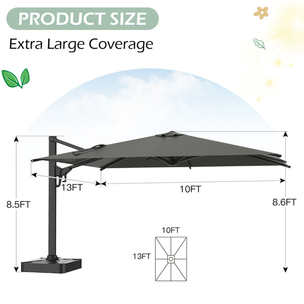 HOMREST 10x13ft Large Rectangular Cantilever Umbrella with 360° Rotation & 6 Adjustable Heights, Outdoor Patio Umbrella for Garden, Pool, Deck, Gray (Base Excluded)