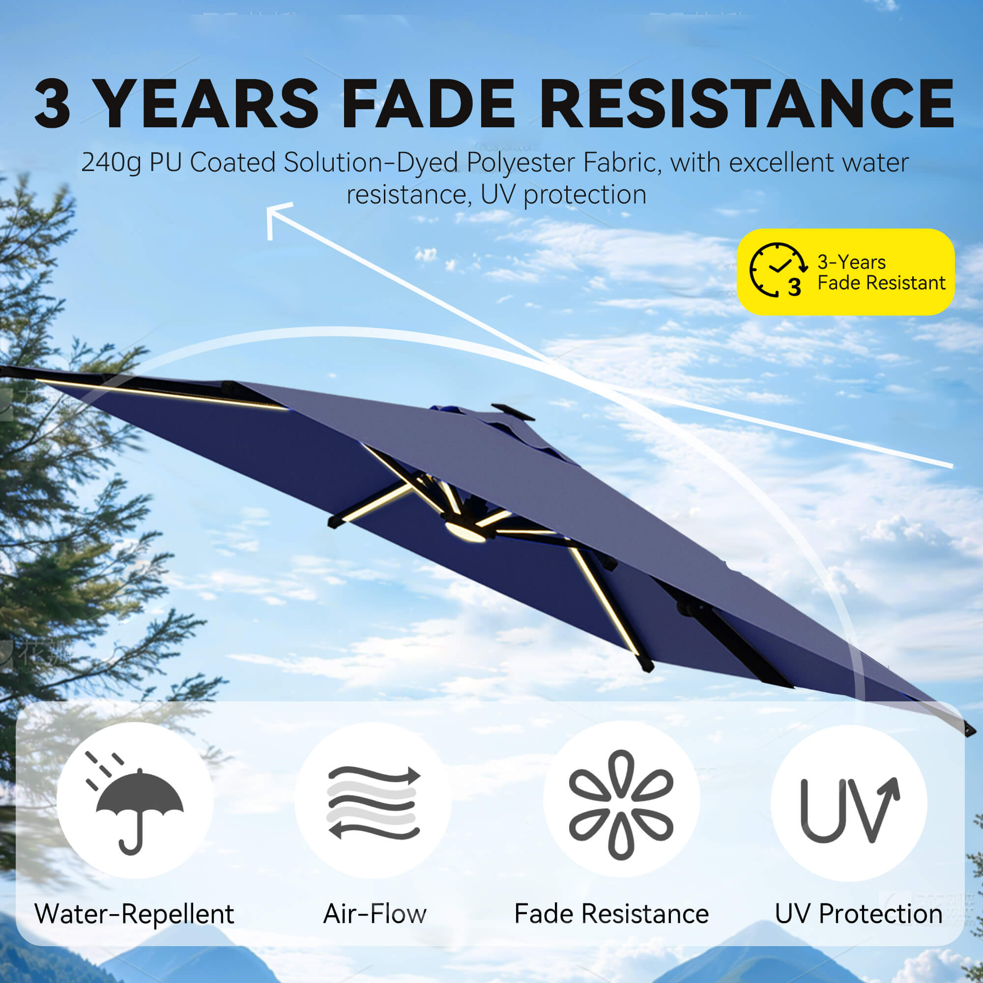 HOMREST 10 X 10 Outdoor Weather-resistant Umbrella with LED Lighting(Base Excluded)  - Navy
