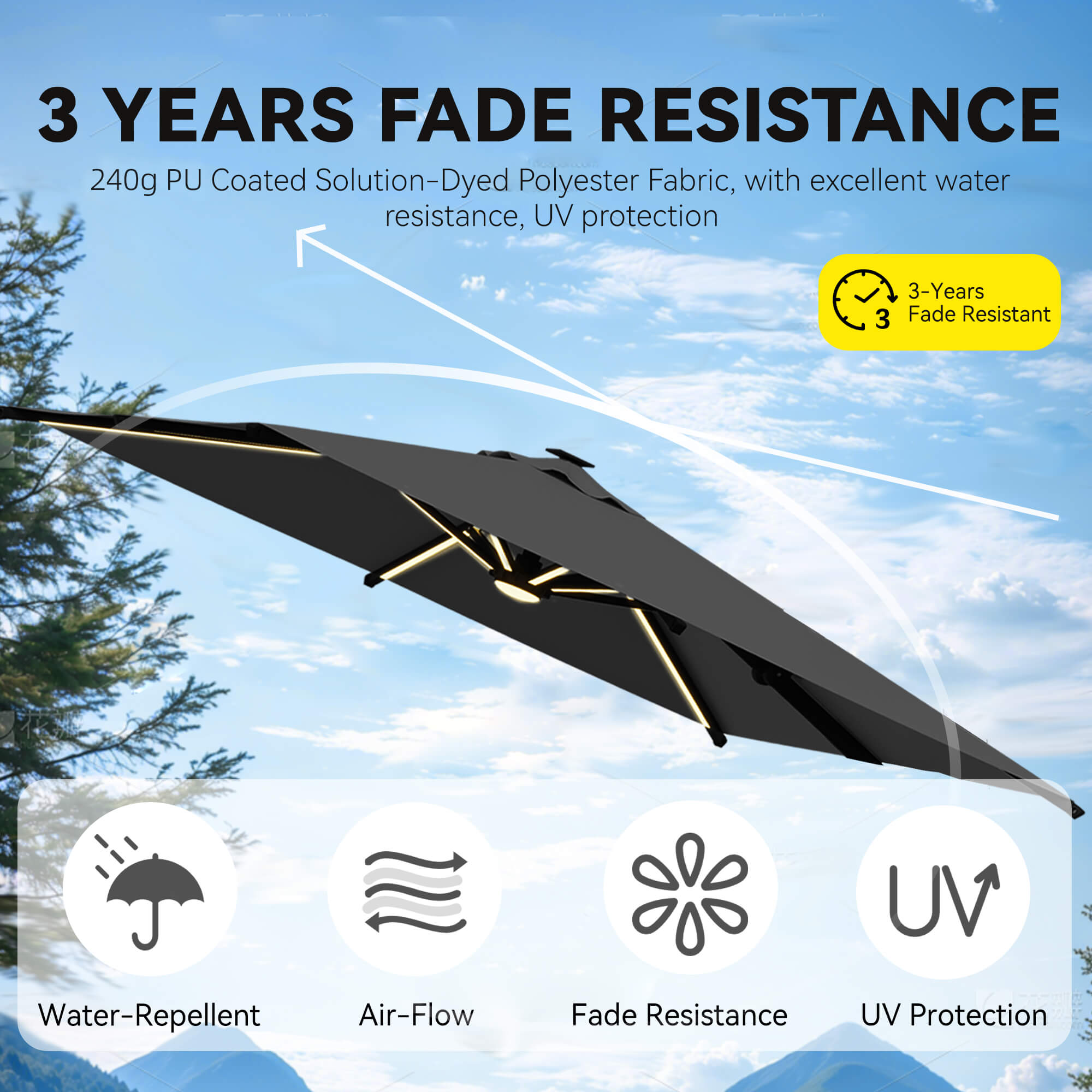 HOMREST 10 X 10 Outdoor Weather-resistant Umbrella with LED Lighting(Base Excluded) - Gray