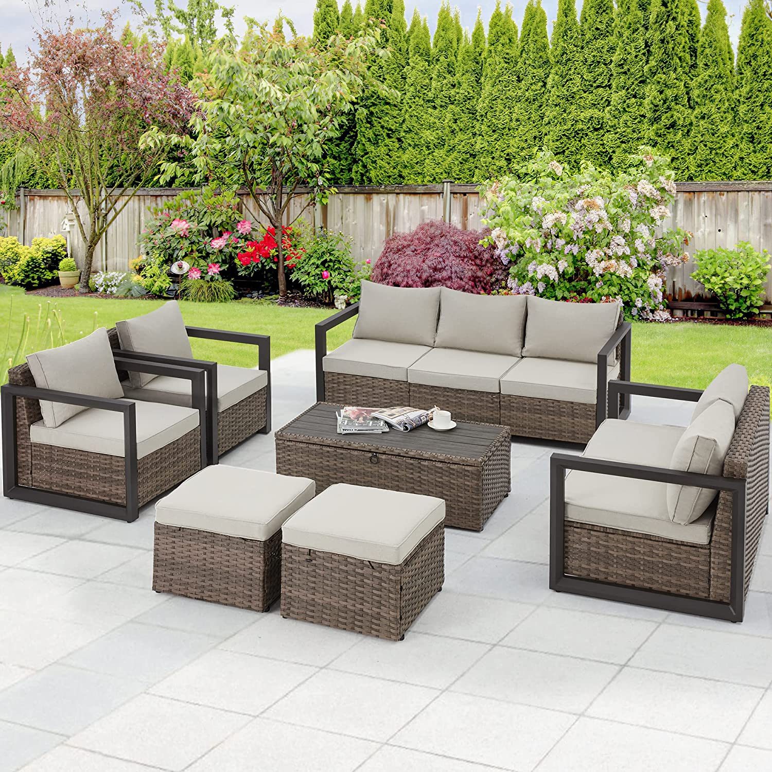 Homrest 7 pieces outdoor patio furniture set with storage coffee table, removable cushions & 2 ottomans
