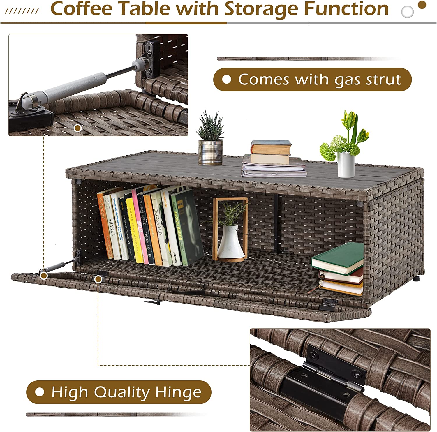 Coffee table with storage function, comes with gas strut, high quality hinge,