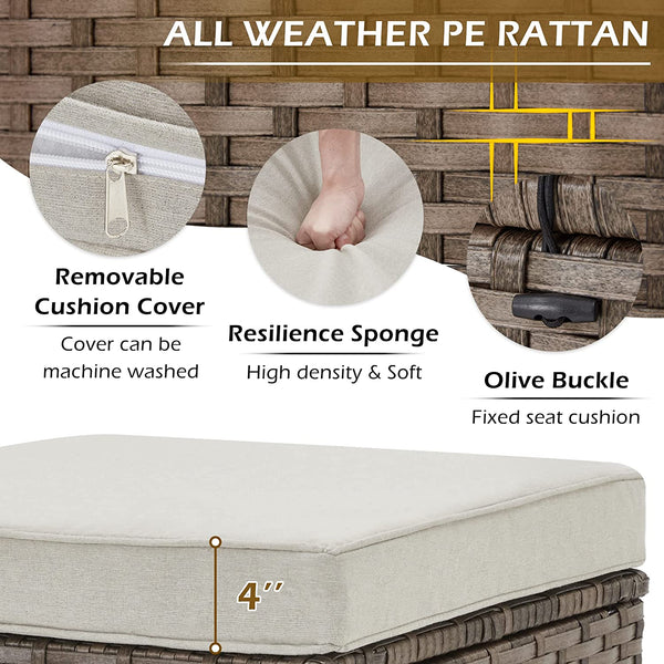 All-weather pe ratten, removable cushion cover, resilience sponge and olive bunkle.