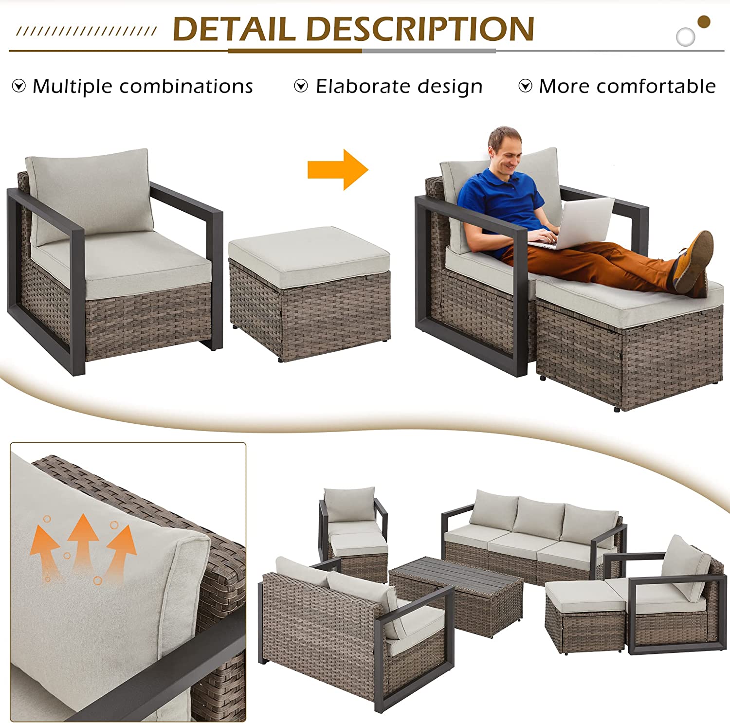 homrest 7 pieces patio furniture sofa with multiple combinations, elaborate design, more comfortable.