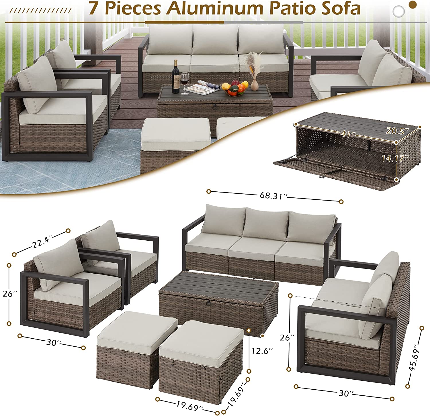 Dimensions of Homrest 7 pieces aluminum patio sofa