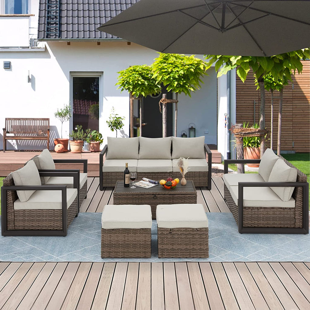 Homrest 7 pieces patio aluminum furniture set is suitable for porch, garden and balcony.