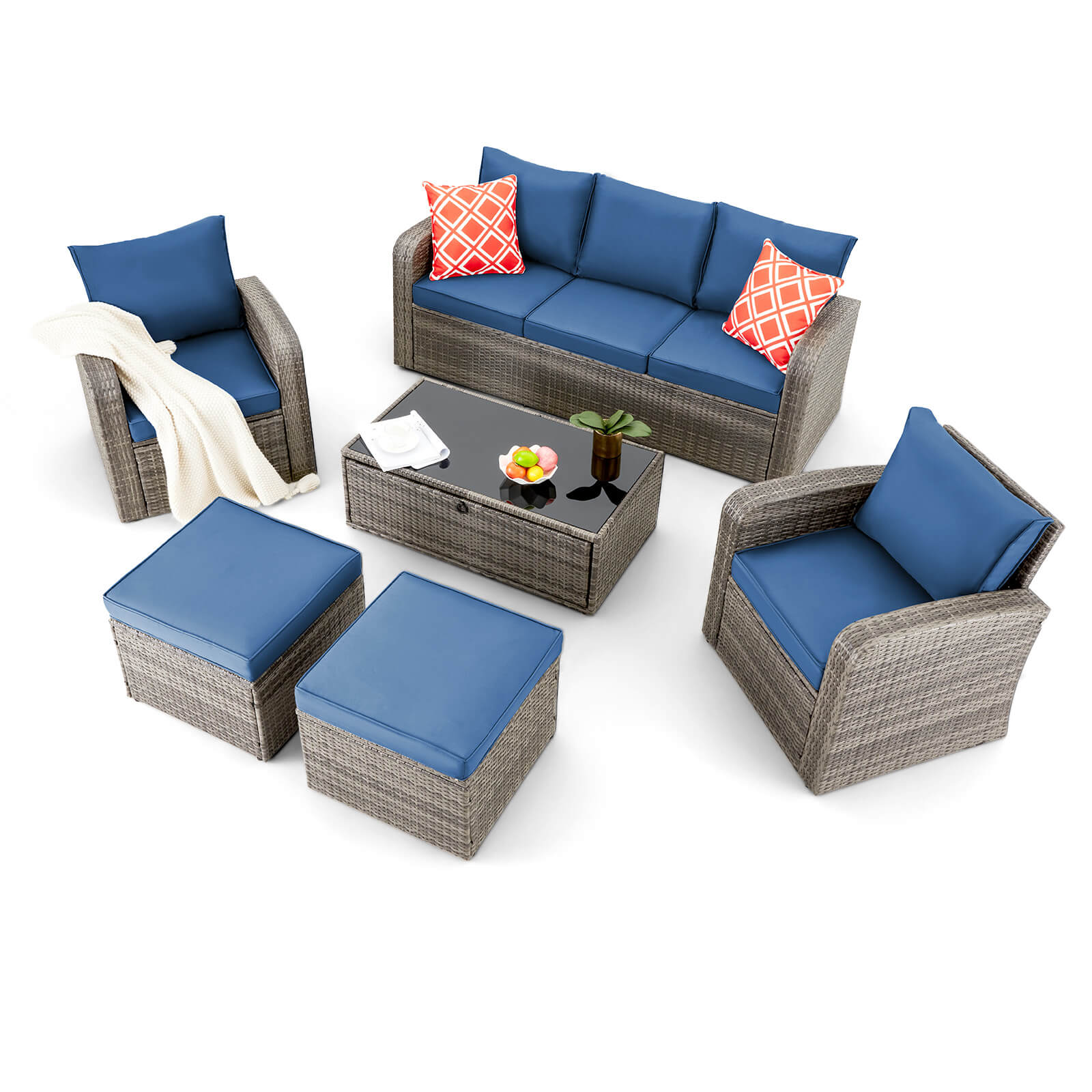 Homrest 6 Pcs Patio Furniture Sets with Coffee Table, Ottomans, Cushions & Pillows, Navy