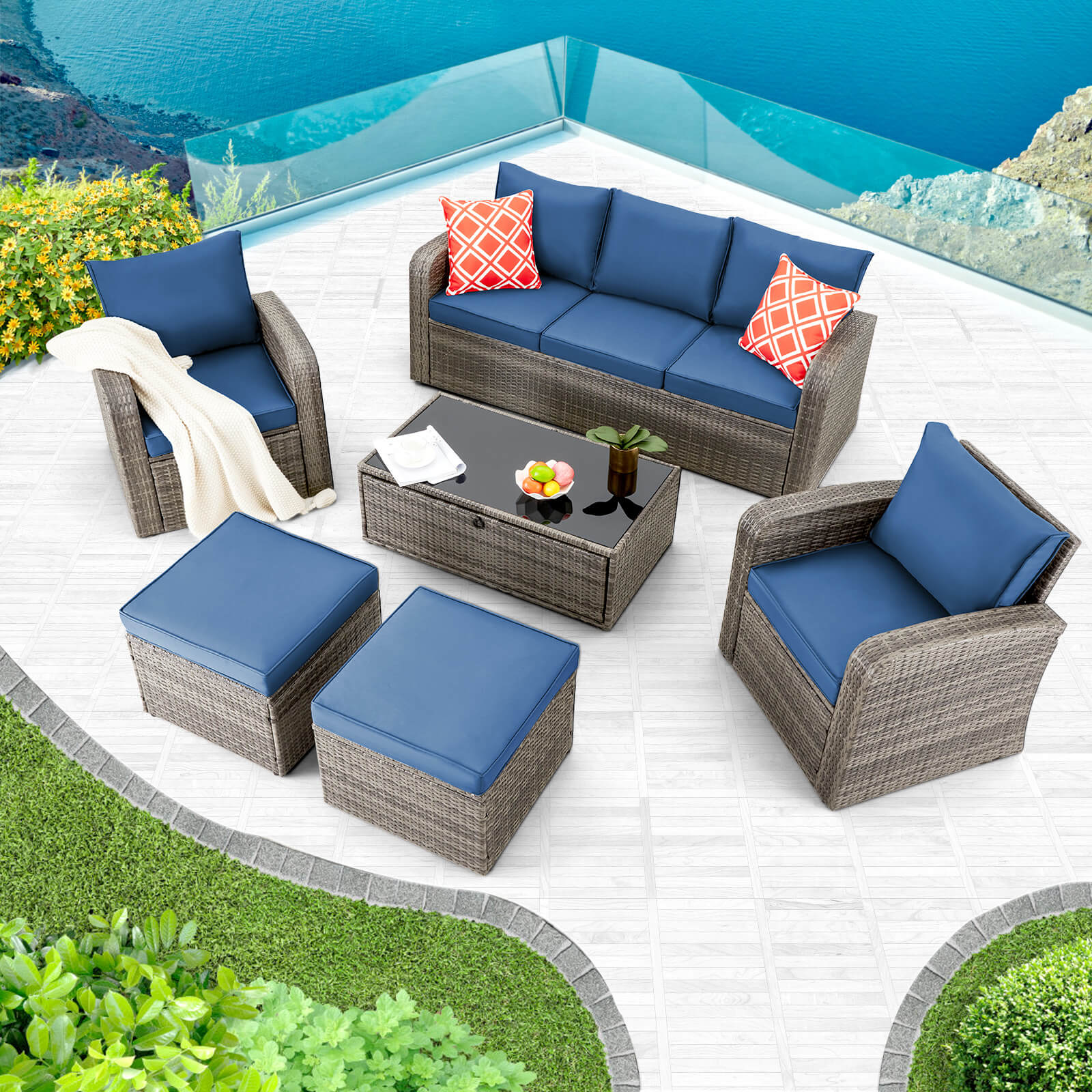 Homrest 6 Pcs Patio Furniture Sets with Coffee Table, Ottomans, Cushions & Pillows, Navy