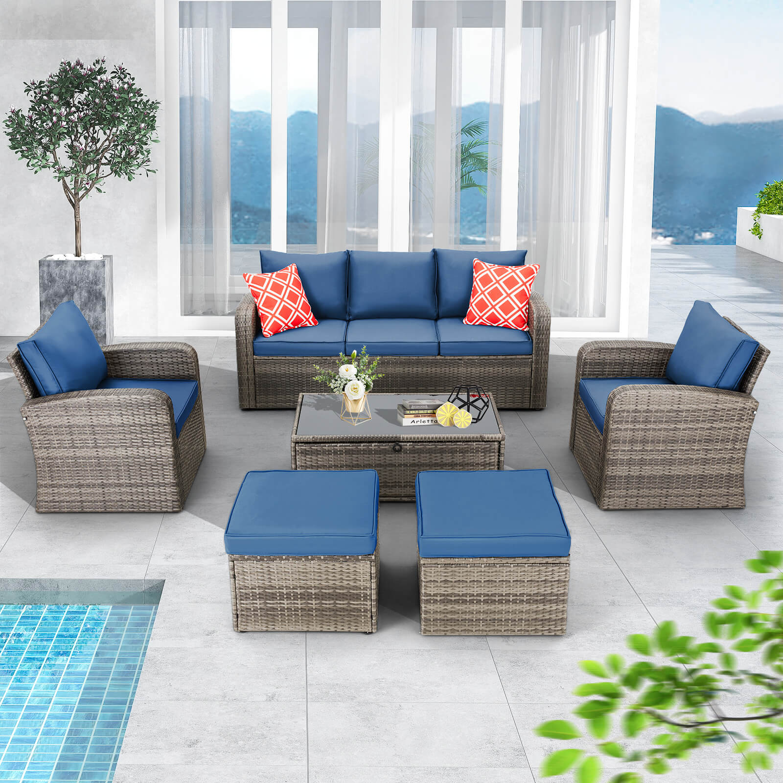 Homrest 6 Pcs Patio Furniture Sets with Coffee Table, Ottomans, Cushions & Pillows, Navy