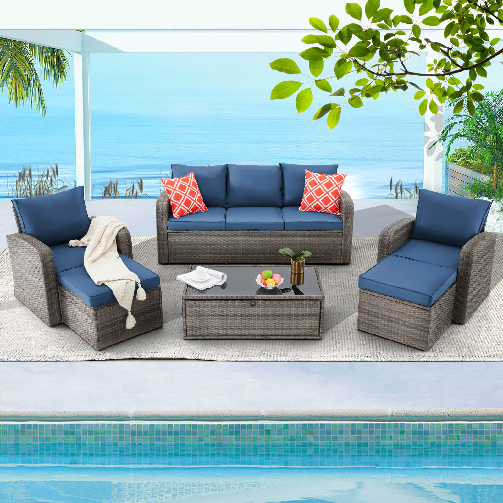 Homrest 6 Pcs Patio Furniture Sets with Coffee Table, Ottomans, Cushions & Pillows, Navy
