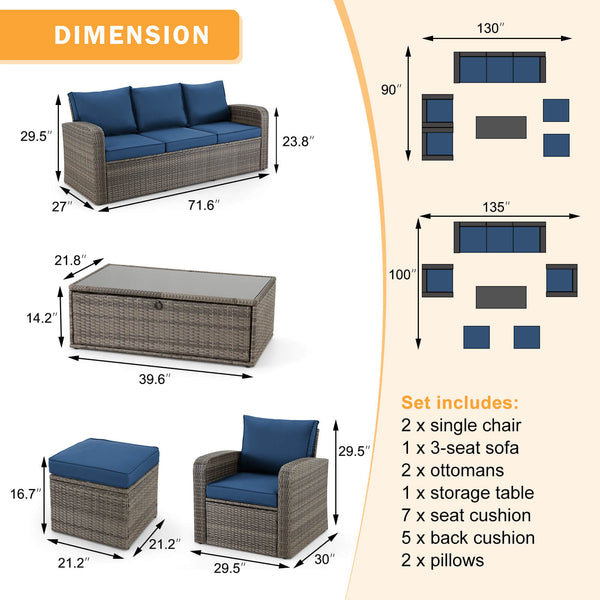 Homrest 6 Pcs Patio Furniture Sets with Coffee Table, Ottomans, Cushions & Pillows, Navy