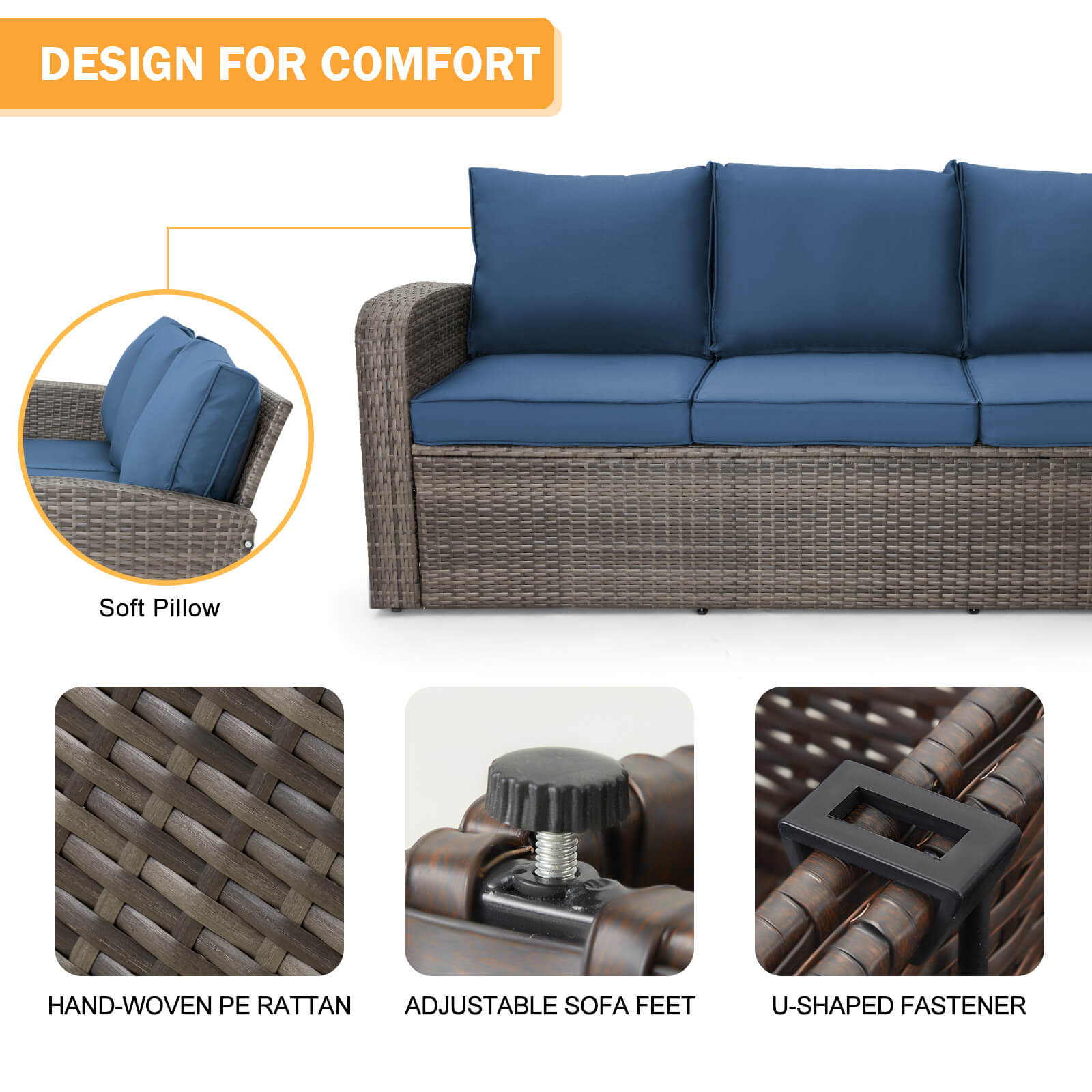 Homrest 6 Pcs Patio Furniture Sets with Coffee Table, Ottomans, Cushions & Pillows, Navy