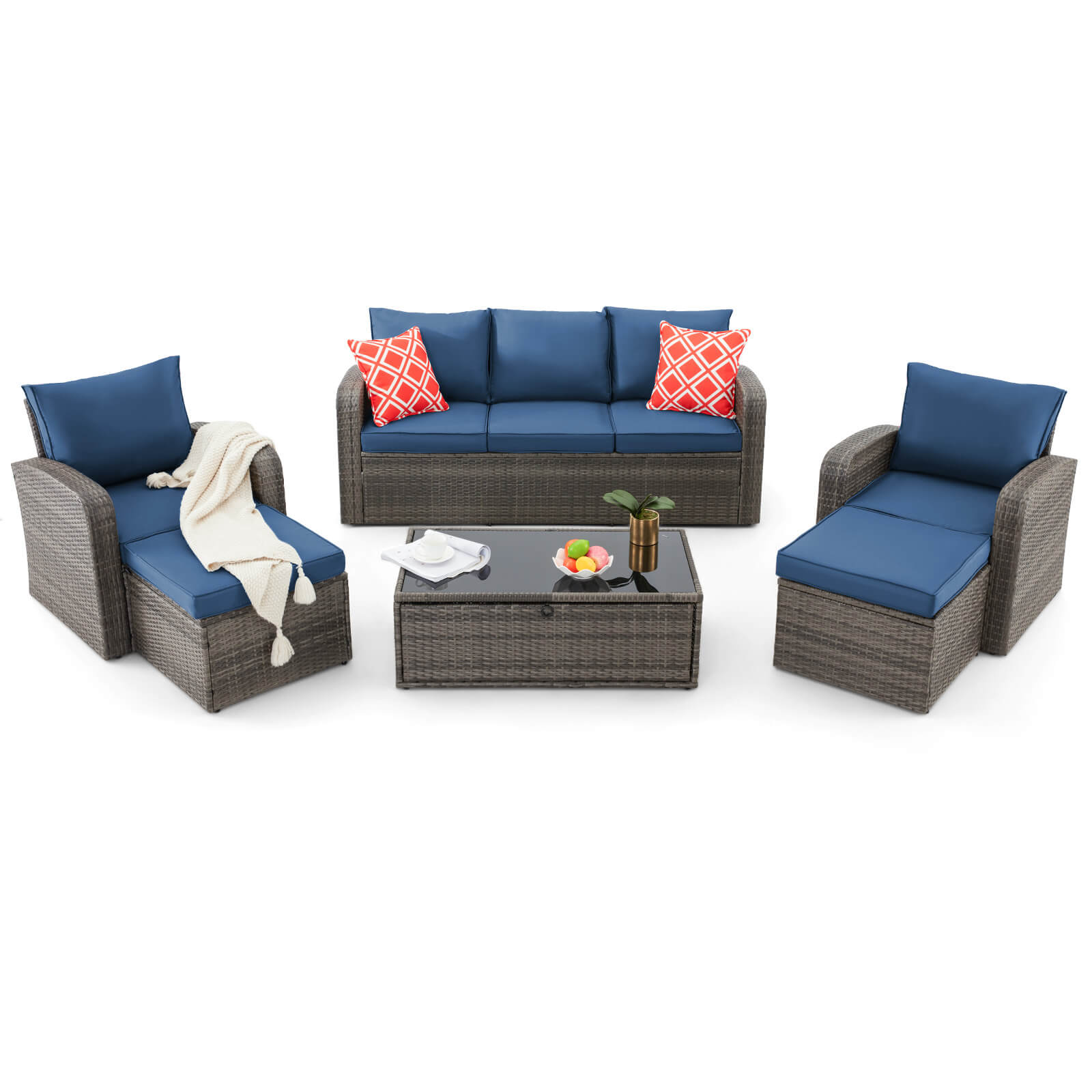 Homrest 6 Pcs Patio Furniture Sets with Coffee Table, Ottomans, Cushions & Pillows, Navy