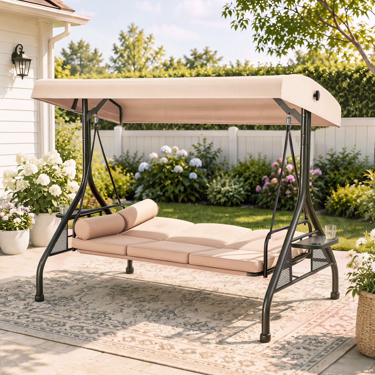 Homrest 3-Seat Outdoor Swing for a Porch with Adjustable Canopy, Backrest and 2 Side Trays, Khaki