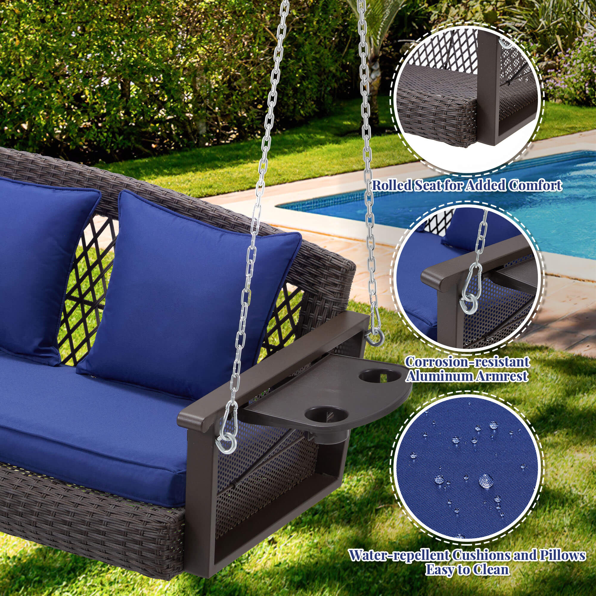 3-Seater Patio Hanging Swing Bed with Cup Holders and Cushions ,Navy Blue