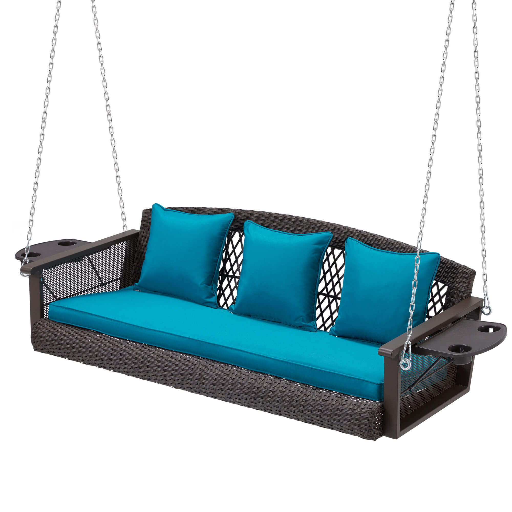 3-Seater Patio Hanging Swing Bed with Cup Holders and Cushions ,Peacock Blue