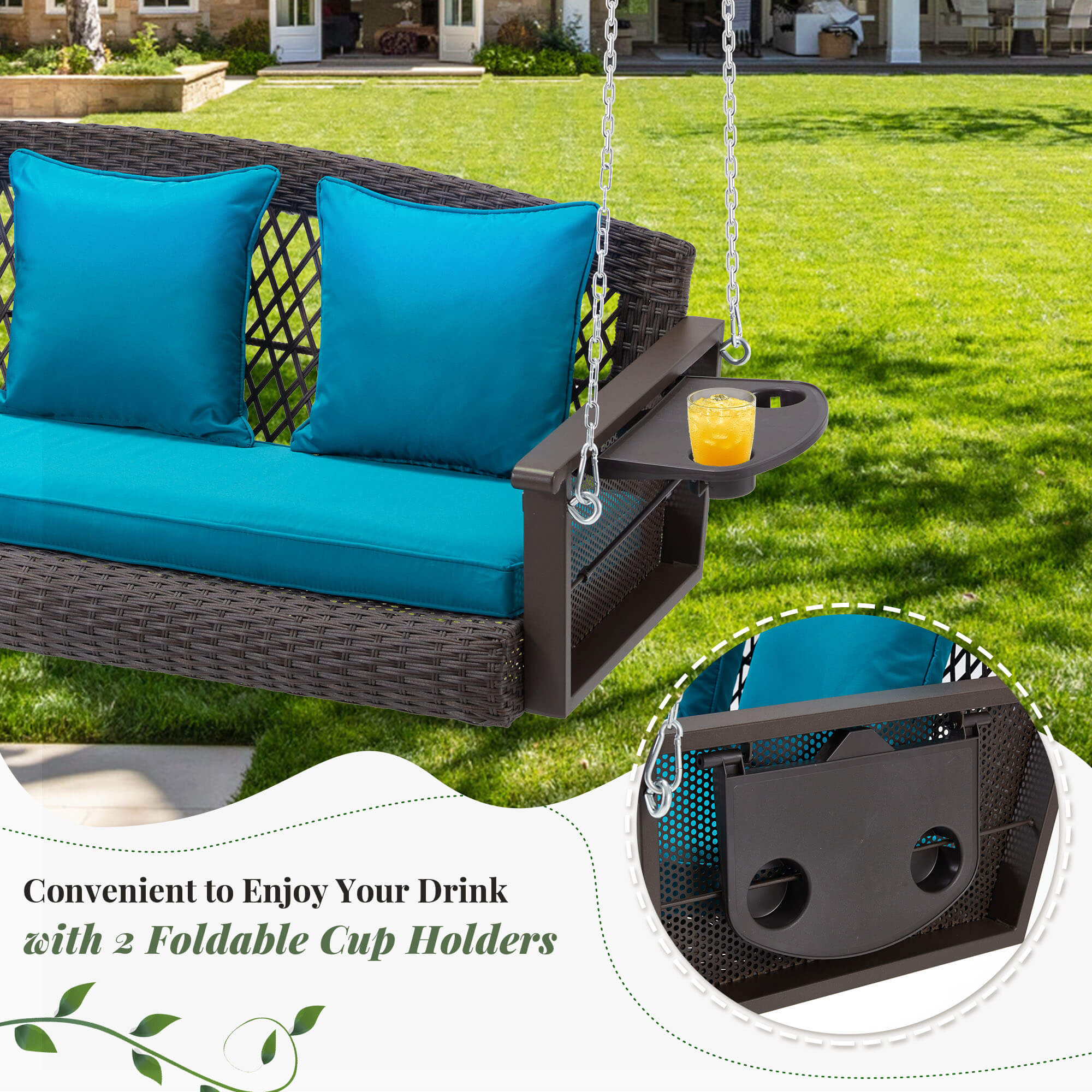 3-Seater Patio Hanging Swing Bed with Cup Holders and Cushions ,Peacock Blue