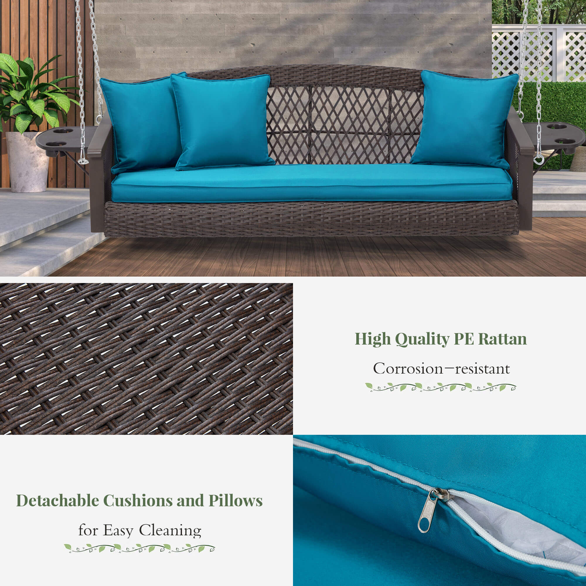 3-Seater Patio Hanging Swing Bed with Cup Holders and Cushions ,Peacock Blue
