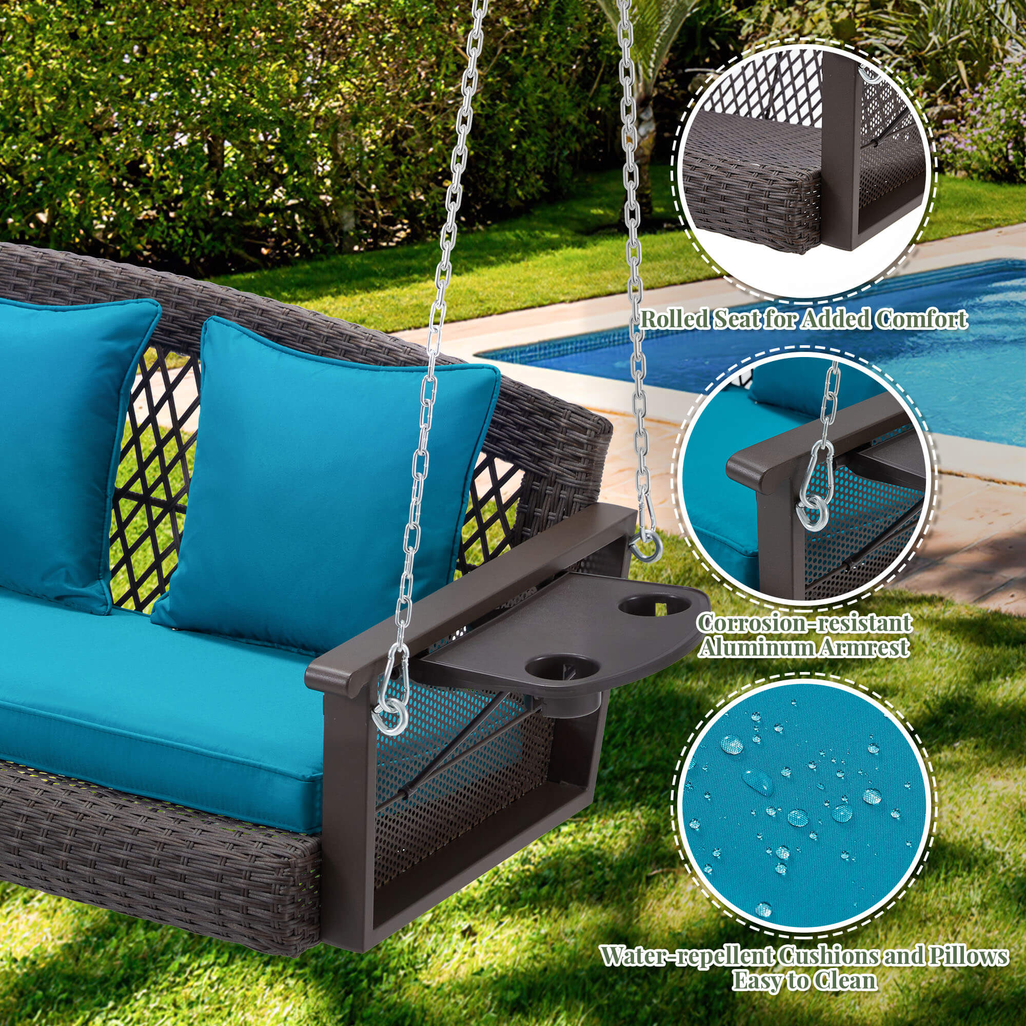 3-Seater Patio Hanging Swing Bed with Cup Holders and Cushions ,Peacock Blue