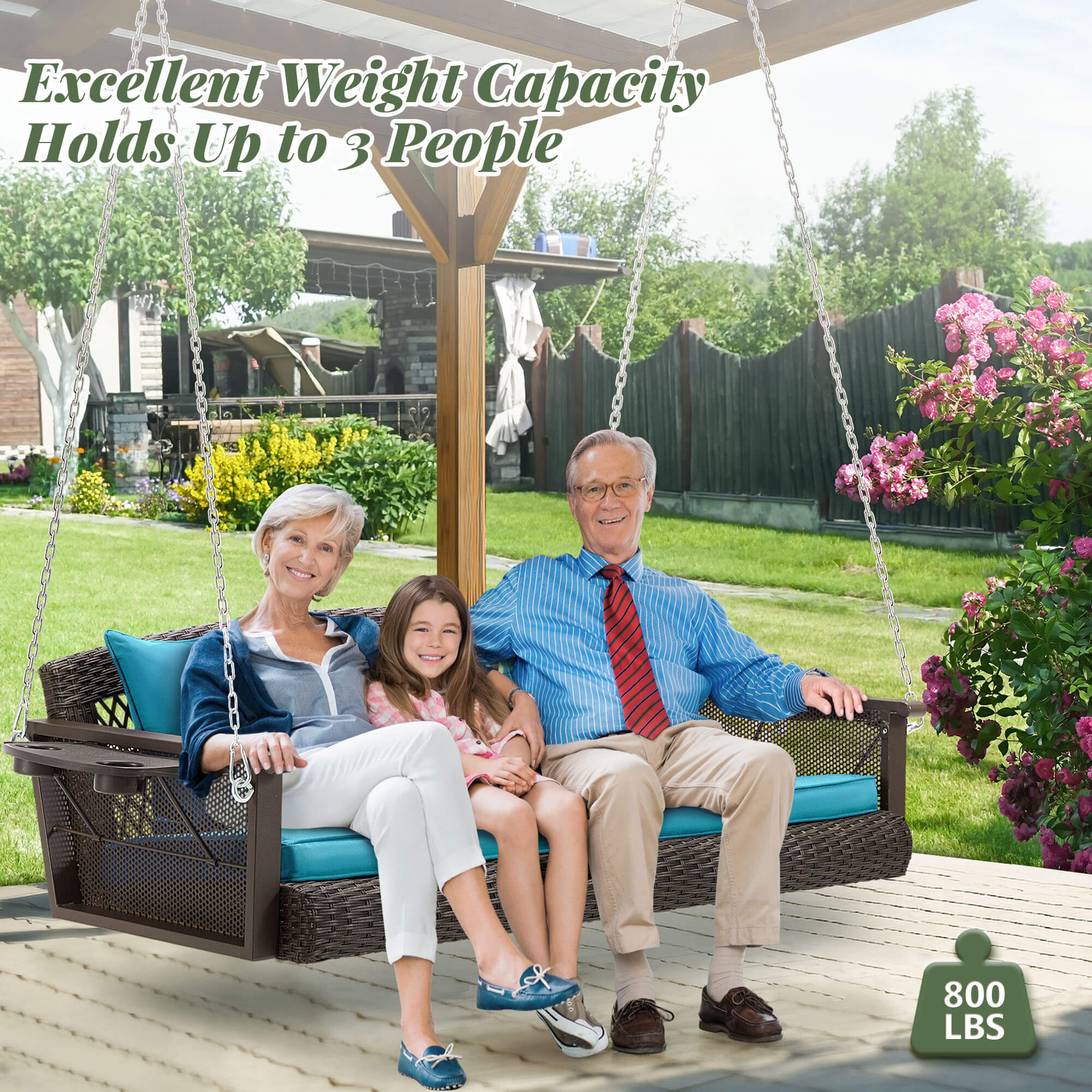 3-Seater Patio Hanging Swing Bed with Cup Holders and Cushions ,Peacock Blue