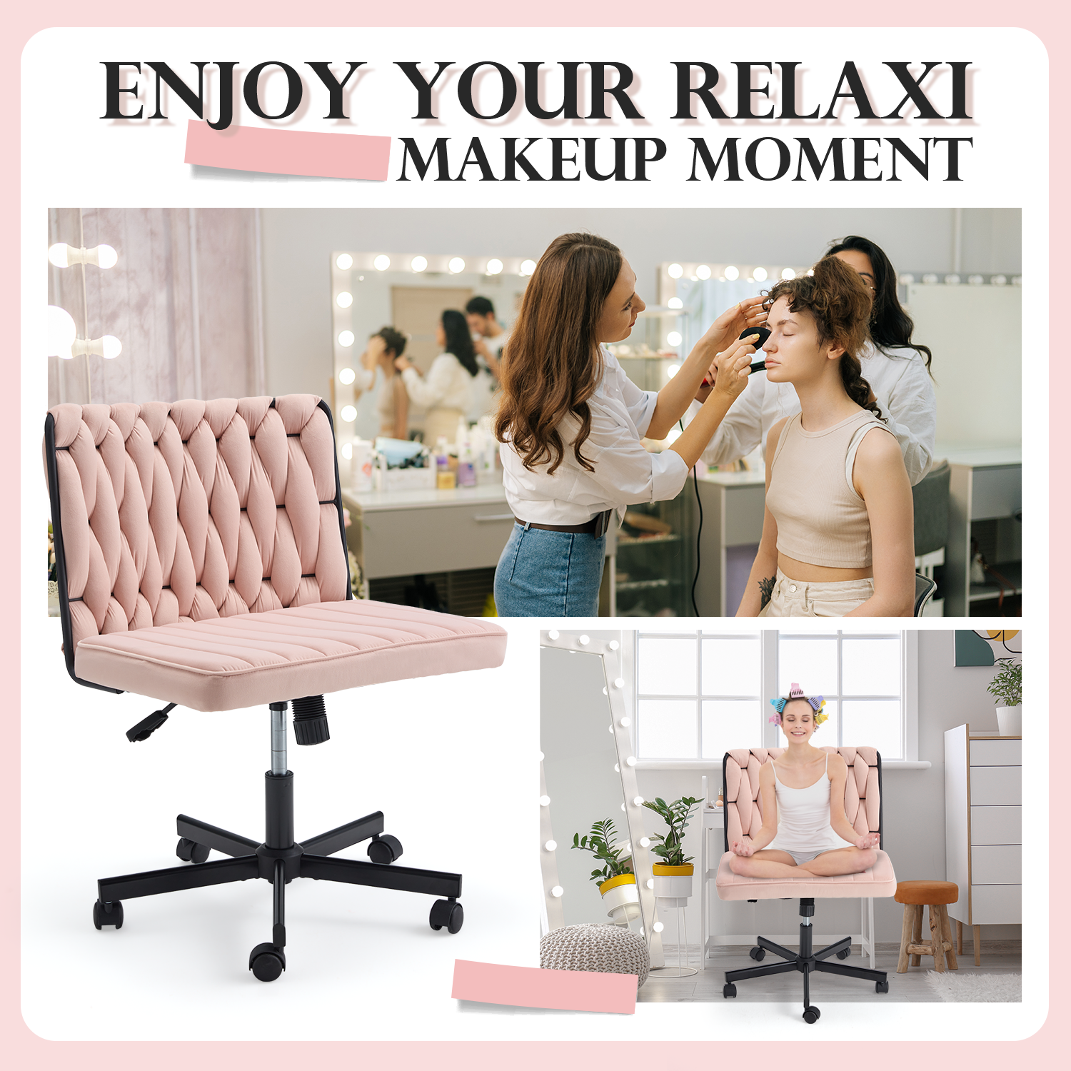 HOMREST Height Adjustable Criss Cross Chair with Wheels, Pink