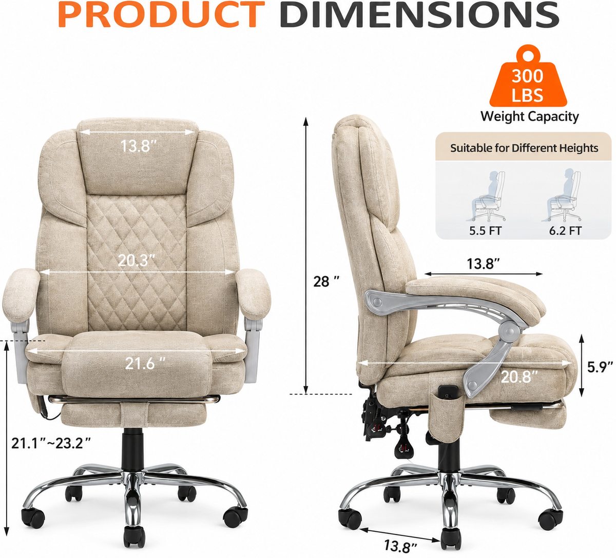 Homrest Beige High Back Chair, Comfortable Office Chair with Footrest, Heat and Masage