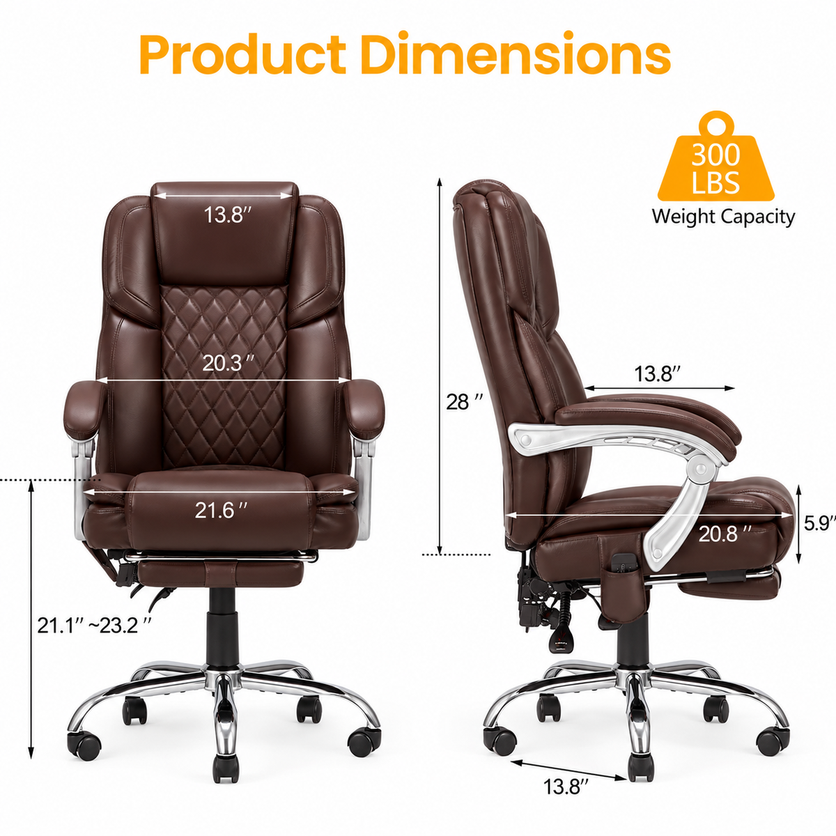 Homrest Office Massage Chair Heated, Big and Tall Executive Office Chair with Leg Rest, Brown
