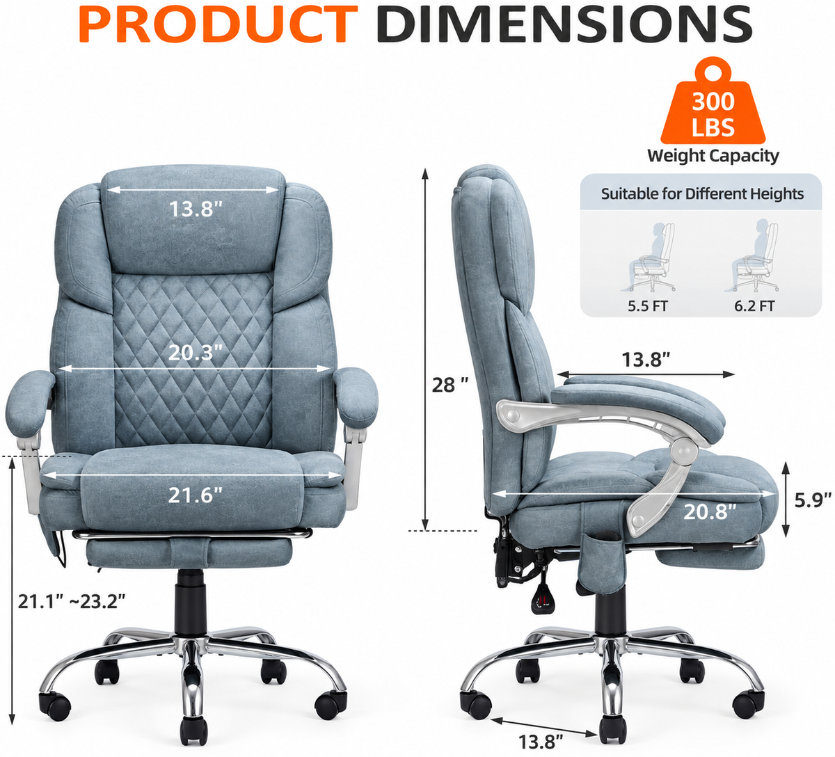 Homrest Reclining Desk Chair with Big and Tall Massage and Heated, Airy Blue