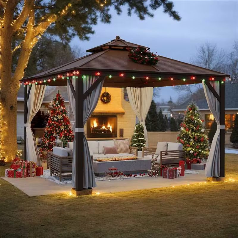 Homrest 12' x 12' Hardtop Gazebo Canopy Galvanized Steel Pergolas with Netting & Curtains