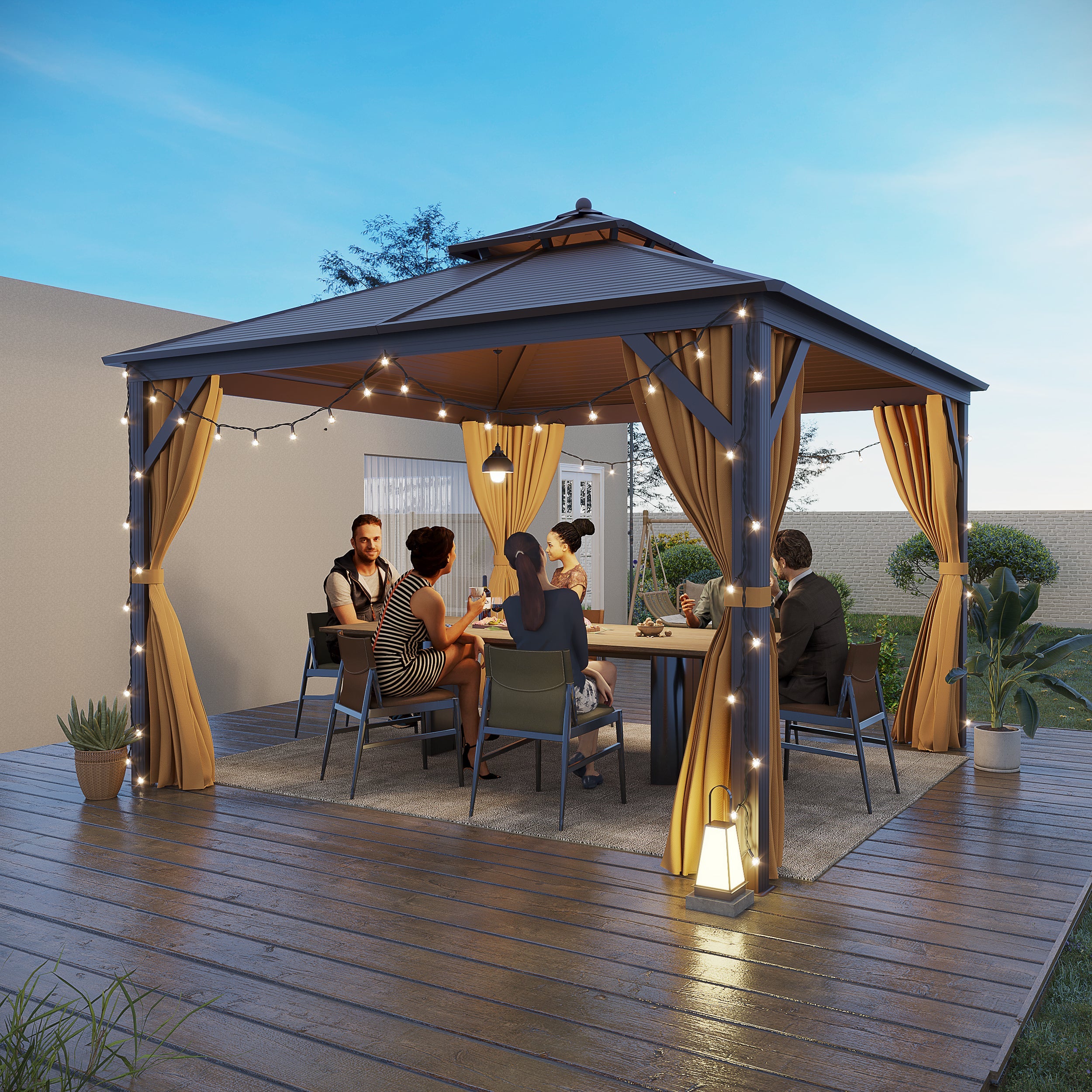 Homrest 12' x 12' Hardtop Gazebo Canopy Galvanized Steel Pergolas with Netting & Curtains