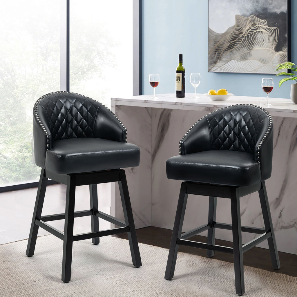 HOMREST Swivel Bar Stools Set of 2, 29" Seat Height Counter Stools with Tufted Back & Wood Legs, Velvet Cover with Pull Ring, Black